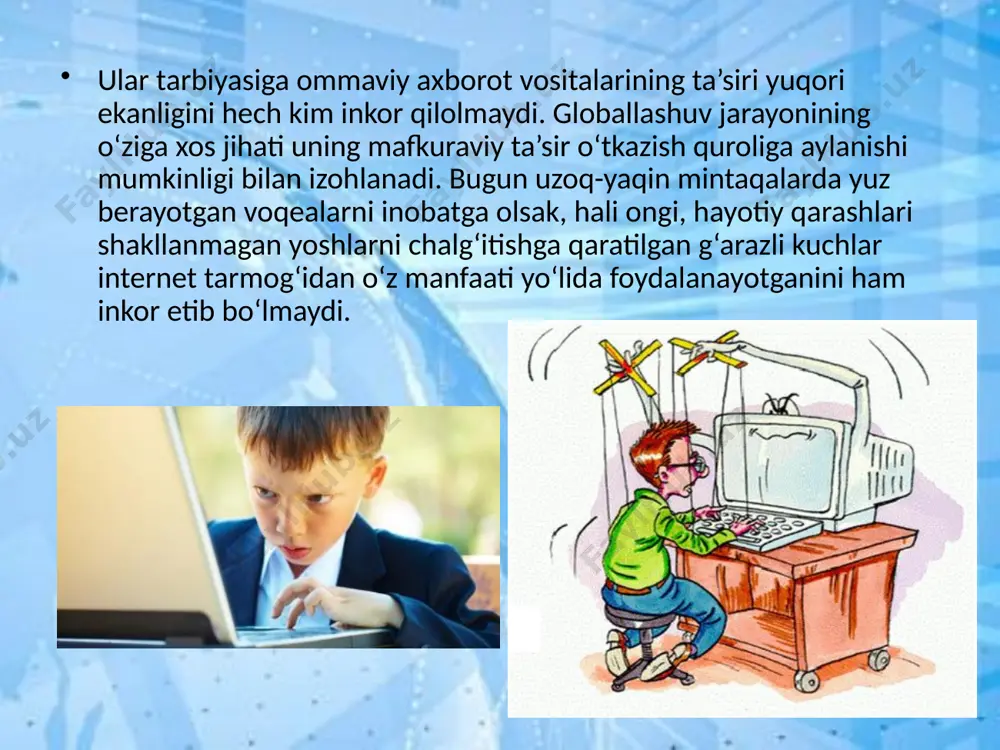 moqda. xususan, o‘zbekiston respublikasi vazirlar mahkamasining 1999-yil fevral oyidagi «milliy tarmoqni yaratish va dunyo axborot tarmoq­laridan foydalanishni tartiblash to‘g‘risida»gi, keyinroq «o‘zbekiston respublikasida 1999–2003 yillar ichida ma’lumotlarni uzatish milliy tarmog‘ini rivojlantirish va takomillashtirish dasturi», 2002-yil iyundagi «kompyuterlashtirishni yanada rivojlantirish va axborot — kommunikatsiya texnologiyalarini joriy etish chora-tadbirlari to‘g‘risida»gi qarorlari qabul qilindi. shu munosabat bilan respublikamizdagi qator ta’lim muassasalarining texnika zahirasi, jumladan, kompyuter texnikasining yangi avlodi bilan jihozlanishi, shuningdek, ularning internet tarmoqlariga ulanishi, elektron aloqalar bilan ta’minlanishiga e’tibor yanada kuchaydi. bularning barchasi ta’lim mazmunini samarali tashkil etish maqsadida respublika ta’lim muassasalariga yangi pedagogik va axborot texnologiya­larini joriy etish, o‘quv rejalariga kiritilgan fanlarni yangi interfaol usul va vositalardan foydalangan holda o‘qitish, jumladan, masofadan o‘qitish, elektron darsliklar yaratish va ularni o‘quv-tarbiya jarayoniga tatbiq etishga qaratilgan. shaxsning axborot xavfsizligi ta`minlashning ahamiyati. axborot xavfsizligining siyosatini ishlab chiqishda, avvalo himoya qilinuvchi ob’ekt va uning vazifalari aniqlanadi. so’ngra dushmanning bu ob’ektga qiziqishi darajasi, hujumning ehtimolli turlari va ko’riladigan …