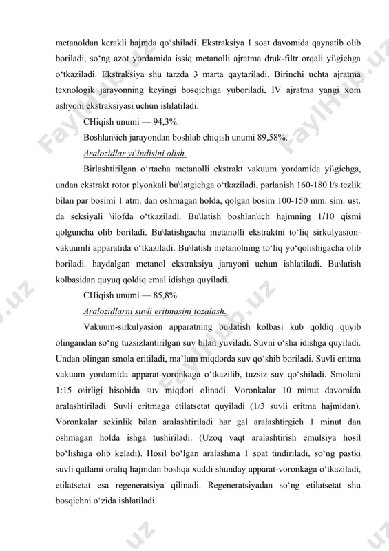 etat quyiladi (1/3 suvli eritma hajmidan). voronkalar sekinlik bilan aralashtiriladi har gal aralashtirgich 1 minut dan oshmagan holda ishga tushiriladi. (uzoq vaqt aralashtirish emulsiya hosil bo‘lishiga olib keladi). hosil bo‘lgan aralashma 1 soat tindiriladi, so‘ng pastki suvli qatlami oraliq hajmdan boshqa xuddi shunday apparat-voronkaga o‘tkaziladi, etilatsetat esa regeneratsiya qilinadi. regeneratsiyadan so‘ng etilatsetat shu bosqichni o‘zida ishlatiladi. etilatsetat ajratib olingandan so‘ng suvli eritmaga butil spirti qo‘shiladi, 5 minut aralashtiriladi va 30 minut tindiriladi, 10 minutdan keyin suvli qatlam ajratiladi. u shaffof bo‘lishi kerak. tindirishdan so‘ng suv qatlamini pastki qismi oraliq idish orqali boshqa apparat voronkasiga yuboriladi. yuqori butanolli qatlamni alohida idishga quyib olinadi. apparatning pastki qismida suvli eritma bo‘lib, u salnikov filtriga qo‘yiladi va eritma siqilgan havo vakuum yordamida filtrlanadi. chiqish unumi — 95,9%. aralozidlarni butanolli ekstraktini olish. aralashma 2 n. nsi rn(3-4. bo‘lguncha qo‘shiladi va 5 minut aralashtiriladi. suvli eritmaga to‘yintirilgan n-butil spirti qo‘shiladi, 10 minut aralashtiriladi va 30 minut …
