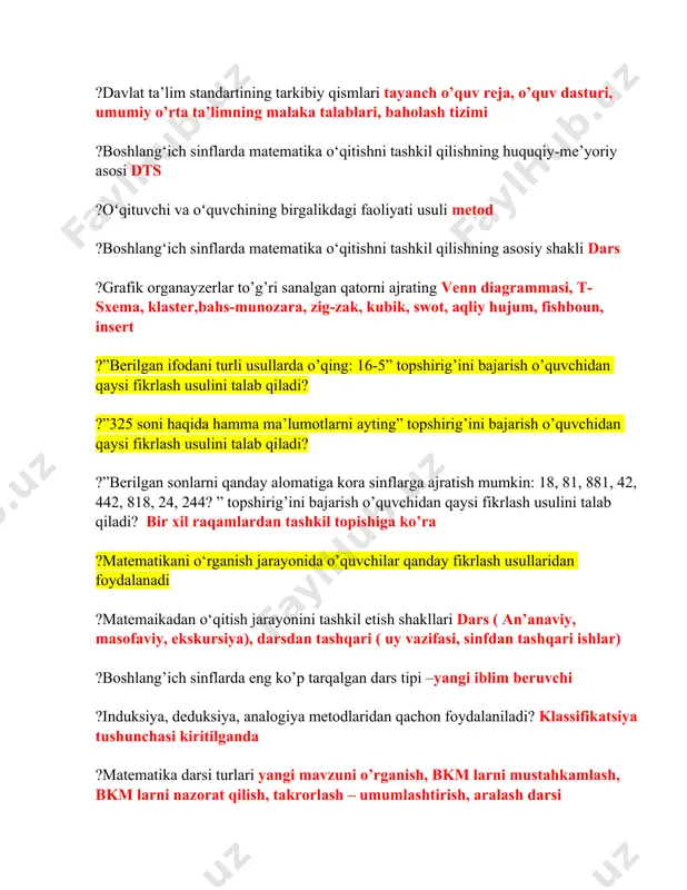 metod ?boshlang‘ich sinflarda matematika o‘qitishni tashkil qilishning asosiy shakli dars ?grafik organayzerlar to’g’ri sanalgan qatorni ajrating venn diagrammasi, t-sxema, klaster,bahs-munozara, zig-zak, kubik, swot, aqliy hujum, fishboun, insert ?”berilgan ifodani turli usullarda o’qing: 16-5” topshirig’ini bajarish o’quvchidan qaysi fikrlash usulini talab qiladi? ?”325 soni haqida hamma ma’lumotlarni ayting” topshirig’ini bajarish o’quvchidan qaysi fikrlash usulini talab qiladi? ?”berilgan sonlarni qanday alomatiga kora sinflarga ajratish mumkin: 18, 81, 881, 42, 442, 818, 24, 244? ” topshirig’ini bajarish o’quvchidan qaysi fikrlash usulini talab qiladi? bir xil raqamlardan tashkil topishiga ko’ra ?matematikani o‘rganish jarayonida o’quvchilar qanday fikrlash usullaridan foydalanadi ?matemaikadan o‘qitish jarayonini tashkil etish shakllari dars ( an’anaviy, masofaviy, ekskursiya), darsdan tashqari ( uy vazifasi, sinfdan tashqari ishlar) ?boshlаng’ich sinflаrdа eng ko’p tаrqаlgаn dаrs tipi –yangi iblim beruvchi ?induksiya, deduksiya, аnаlogiya metodlаridаn qаchon foydаlаnilаdi? klassifikatsiya tushunchasi kiritilganda ?matematika darsi turlari yangi mavzuni o’rganish, bkm larni mustahkamlash, bkm larni nazorat qilish, takrorlash – umumlashtirish, aralash darsi …