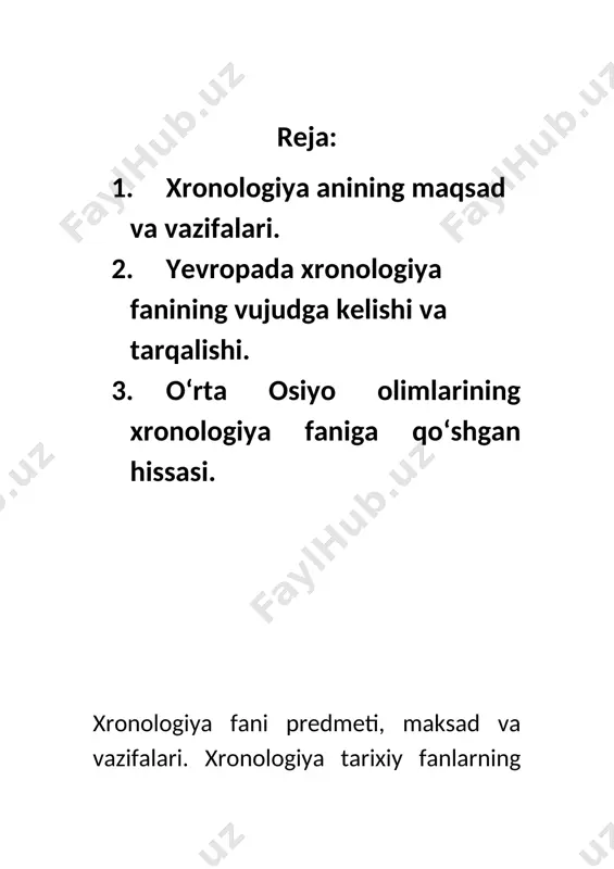 ini tarixiy tahlil kiladi. insoniyatning xo`jalik hayotidagi ehtiyoji vaqtni hisoblash zaruratini yuzaga keltirdi. qadimda vaqgai hisoblashda tabiatning doimiy takrorlanib turuvchi hodisasi bo`lgan sutka, kun, tun, oy fazalarining o`zgarishi, yerning yillik aylanma harakatidan foydalanilgan. asta-sekin vaktni aniq hisoblashga bo`lgan ehtiyoj yuzaga keldi. buning uchun osmon jismlar harakatini, umuman astronomiyani bilish zarur edi. bundan tashqari yana bir vazifani, kun, oy, yillar o`rtasidagi farqlarni aniqlash zarurati ham tug`ildi. buning uchun esa matematik hisob-kitobni puxta bilish lozim edi. xronologiya bilim sohasi rivojlanishiga qadimgi yunoniston va rim olimlari erot kalipp, gipparx, varron, ptolomeylar katga hissa qo`shganlar. gipparx - (milodgacha 190-125 yillar) birinchi bo`lib oyning o`lchamini va undan yergacha bo`lgan masofani aniqlagan. u shaxsiy kuzatuvlari natijasida quyosh yilining uzunligini deyarli aniq hisoblab chiqqan (xato 6 daqiqa). olim o`sha davr uchun ulkan hisoblangan 850 ta yulduzlarning holati katalogini tuzgan edi. klavdiy ptolemey - mashhur «almagest» asari muallifi. asar o`rta asrlargacha astronomiyaga oid asarlarning sarasi hisoblangan. shuningdek, ptolemey …