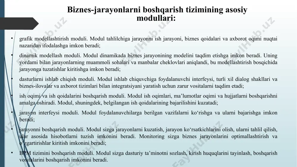 yana huddi shunday hom-ashyo keltirilmasa, korxona ma’lum muddatdan so‘ng ishlashdan, mahsulot ishlab chiqarishdan to‘xtab qoladi. bu esa korxona uchun juda katta moddiy ziyon keltirib chiqarishi mumkin. aynan shunday holatlarda erp tizimlar yordamga keladi. ushbu tizimga korxonaning har bitta bo‘limi ulanadi va bu tizim yordamida korxona bo‘limlari o‘rtasida doimiy ma’lumot almashinuvi jarayoni sodir bo‘ladi. yuqoridagi holatda erp tizim yordamida muammo qanday hal qilinadi? ushbu holatda korxonaning hom-ashyolarni yеtkazib berish bilan shug‘ullanuvchi bo‘limi omborda xom-ashyodan qancha qolganligini aniqlaydi. keyin u korxonadagi mahsulot ishlab chiqarish bo‘limi yordamida(ularni mahsulot ishlab chiqarish tezligini bilgan holda), omborda qolgan hom-ashyo qancha muddatga еtishini hisoblashadi va ishlab chiqarish bo‘limi ma’lum vaqt to‘xtovsiz ishlashi uchun(yoki korxonaga tushgan buyurtmalarni bajarish uchun) yana qancha homashyo kerak bo‘lishi hisoblab chiqishadi. so‘ng ular xom-ashyo yеtkazib beruvchi boshqa korxonalar bilan bog‘lanib kerakli xomashyolarni buyurtma berishadi. erp tizimlar boshqa tizimlardan nimasi bilan farqlanadi? ko‘p hollarda erp tizimlarni ma’lum bir vazifani bajaruvchi boshqa dasturiy ta’minot vositalari …
