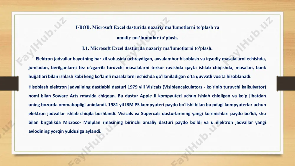 ’paytmasini hisoblaydi; sqrt (son) (ildiz) - sonning kvadrat ildizini hisoblaydi; fact (son) (фактор) - argument sifatida berilgan butun songacha bo’lgan natural sonlar ko’paytmasini hisoblaydi; rand (tasodifiy son) - 0 va 1 oraliqdagi tasodifiy sonni hisoblaydi. abs (son) - argument qiymatining modulini hisoblaydi; ln (son) - sonning natural logarifmini aniqlaydi; exp (son) - sonning eksponentasini hisoblaydi; sin (son) - sonning sinusini hisoblaydi; cos (son) - sonning kosinusini hisoblaydi; tan (son) - sonning tangensini hisoblaydi (radianda); statistik funktsiyalar average ( ) - barcha argumentlar qiymatining o’rta arifmetigini hisoblaydi; ii.2. microsoft excel dasturida murakkab misollarni yechish metodikasi excelda jadval hisoblashlar, diagrammalar va grafiklar qurish: tashkilot xodimlaridan 10 nafari xizmat safari bilan mos ravishda turli kunlarga va turli shaharlarga borib kelishdi. xizmat safariga borib kelgan xodimlarning xarajatlarini ms excel dasturi yordamida hisoblang. hisoblangan jadvalning oxirgi ustunidagi ma‘lumotlarga nisbatan diagramma tuzing. ushbu masalani yechish uchun rasmda ko’rsatilganidek hamma ma‘lumotlar kiritilib bo’lgandan sung, ya‘ni xizmat safari …