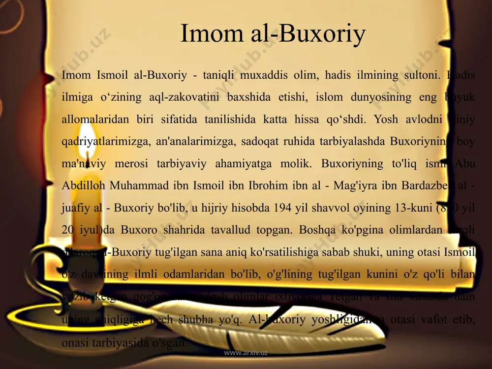 katta hissa qo‘shgan, o‘rta osiyo tuprog‘idan yetishib chiqqan buyuk allomalarimizdan biridir. buyuk allomaning fanlar olamida tajriba o‘tkazmagan va qalam tebratmagan sohasi yo‘q desa ham bo‘ladi, ayniqsa tibbiyot xazinasiga qo‘shgan ulkan hissasi bebahodir. ibn sino ko‘p qirrali ilm sohibi bo‘lgan buyuk siymodir. tibbiyot olamida ibn sinoning tabarruk nomi gippokrat va galen kabi buyuk allomalar bilan bir qatorda turadi. ibn sinoning otasi abdulloh katta boy bo‘lib o‘sha davrda podshoxga soliq teradigan vazirlardan bo‘lgan somoniylar davrida afshona katta shaharlar sirasiga kirgan va shahar ichida qal’a ham bo‘lgan. soliq yig‘ish uchun uning otasi abdulloh buxoroga kelgan. tabobat ilmining sultoni bo‘lmish ibn sino buxoro yaqinidagi afshona qishlog‘ida tug’ilgan. 5 yoshgacha ibn sino afshona qishlog’ida ibn sino keyin oilasi bilan birgalikda buxoroga ko‘chib kelgan. www.arxiv.uz www.arxiv.uz ibn sinoning to’liq nomi abu ali-al xusayn ibn abdullo ibnal xasan ibn ali ibn sino. yevropada ibn sino avitsenna nomi bilan ham mashhur bo’lgan. 10 yoshida qur’on, til adabiyot, keyinchalik …