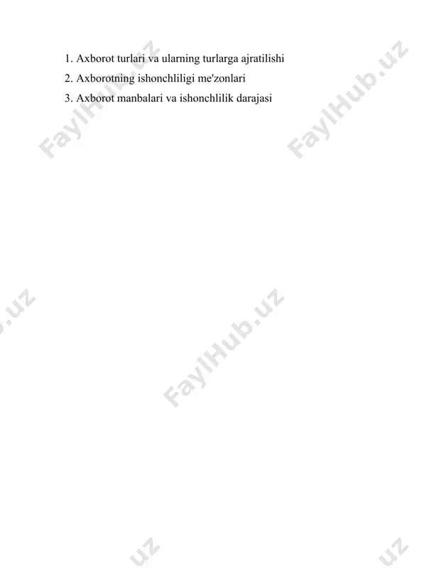 sh usuliga ko‘ra**: - **og‘zaki axborot**: og‘zaki so‘z orqali beriladigan ma’lumotlar. - **yozma axborot**: yozma shaklda ifodalangan, masalan, xatlar, kitoblar. - **elektron axborot**: elektron uskunalarda mavjud, masalan, elektron pochta, veb-sahifalar. 4. **timezda o‘zgarishi bo‘yicha**: - **statik axborot**: vaqt o‘tishi bilan o‘zgarmaydi. masalan, tarixiy ma’lumotlar. - **dinamik axborot**: vaqt o‘tishi bilan o‘zgaradigan ma’lumotlar, masalan, valyuta kurslari, yangiliklar. 5. **ishonchliligi bo‘yicha**: - **ishonchli axborot**: manbalari aniq va tekshirilgan ma’lumotlar. - **ishonchsiz axborot**: tasdiqlanmagan va shubhali manbalardan olingan. 6. **maxfiylik darajasi bo‘yicha**: - **ochiq axborot**: hammaga ochiq va erkin foydalanishga imkon beriladi. - **yopiq axborot**: faqat cheklangan doira uchun mo‘ljallangan, maxfiy ma’lumotlar. 7. **foydalanish maqsadiga ko‘ra**: - **ma’lumot beruvchi axborot**: faktlar va ma’lumotlar taqdim etadi. - **tahliliy axborot**: ma’lumotlarning tahlili va talqini. - **targ‘ibot axboroti**: muayyan fikr yoki nuqtai nazarni targ‘ib qiladi. axborot tushunchasi va uning turlarga ajratilishi axborot jarayonlarini yaxshiroq tushunishga yordam beradi. ushbu tasniflar axborot har bir sohada qanday ishlatilishi va …