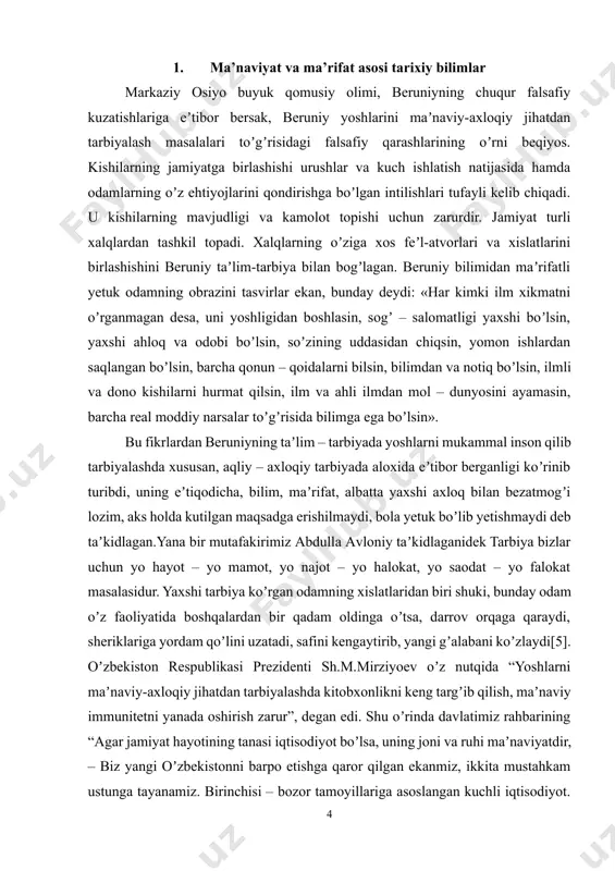 g amalga oshishiga mumkin qadar toʼlaroq koʼmaklashishi ham gʼoyat muhimdir. bugungi kunda jamiyatimiz oldida turgan asosiy vazifa mustaqil fikrlovchi erkin shaxsni shakllantirishdan iborat. bu oʼz qadr-qimmatini anglaydigan, irodasi baquvvat, iymoni butun, hayotda aniq maqsadga ega boʼlgan insonlarni tarbiyalashdan iborat. bunday yoshlar uyushgan jamiyatni,ular barpo etgan maʼnaviy-ruhiy muhitni soxta aqidalar bilan buzib boʼlmasligiga ishonadilar. xorijdagi ayrim siyosiy kuchlar jamiyatimizning istiqboli boʼlgan yoshlarimizni oʼz taʼsiriga olishga urinayotgan ayni zamonda taʼlim-tarbiya tizimini yoshlar muammolarini hal qilishga qaratishimiz kerak. yoshlarni har xil salbiy oqimlarga kirib ketishini oldini olishda maʼnaviyaxloqiy tarbiyaning oʼrni kattadir. maʼnaviy-axloqiy tarbiya jamiyat taraqqiyotida katta ahamiyatga ega. “аxloq” tushunchasi arabcha “xulq-atvor” degan maʼnoni anglatadi. аxloq – ijtimoiy ong shakllaridan biri, ijtimoiy tartib-qoida boʼlib,bu tartib-qoida ijtimoiy hayotning barcha sohalarida kishilarning xatti-harakatlarini tartibga solish vazifasini bajaradi. maʼnaviy-axloqiy tarbiyani tashkil etish ijtimoiy tarbiyaning muvaffaqiyatini taʼminlovchi eng muhim omil hisoblanadi. maʼnaviy-axloqiy tarbiyani tashkil etish murakkab jarayon boʼlib hisoblanadi. bu jarayon nafaqat ijobiy xislatlarni shakllantirishni, balki salbiy …