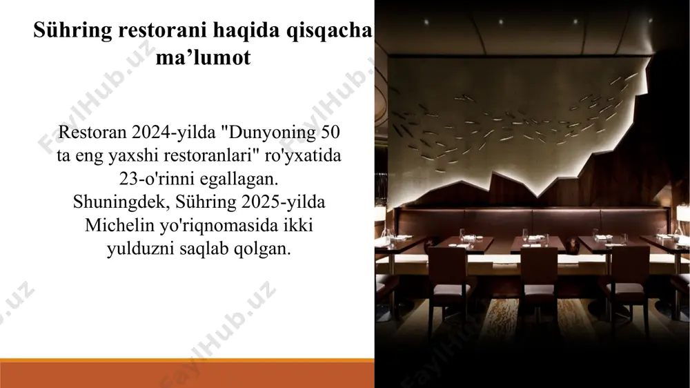 tlardan foydalanishi, innovatsion menyusi va xizmat ko'rsatish darajasi bilan bog‘liq. michelin yulduzlari sühringning xalqaro darajada tan olinishiga yordam berdi. bosh oshpazlari haqida sühring restoranining bosh oshpazlari mathias va thomas sühring egizak aka-ukalari bo‘lib, restoranning yuragi va muvaffaqiyatining asosiy sababidir. oshpazlar haqida qiziqarli faktlar mathias va thomas o‘z taomlariga oilaviy retseptlarni kiritib, ularni professional oshpazlik darajasida yaratishadi. ular bir-biri bilan doimiy ravishda maslahatlashib, har bir taomni mukammallikka yetkazish uchun birgalikda ishlashadi. bosh oshpazlari haqida menyu ko'rinishi va asoslar sühring restoranining menyusi bir necha bo‘limlarga bo‘lingan bo‘lib, ular taomlarning bosqichma-bosqich tatib ko‘rilishini ta’minlaydi: boshlang‘ich taomlar (amuse-bouche): kichik porsiyali ishtaha ochuvchi taomlar, ularning maqsadi mehmonlarni asosiy menyu uchun tayyorlash va birinchi taassurotni yaratishdir. asosiy taomlar: bu bo‘limda nemis oshxonasining klassik retseptlari zamonaviy texnikalar bilan qayta talqin qilinadi. dessertlar: oxirgi bo‘limda shirinliklar taklif etiladi, ular mehmonlarning ta’m bilish qobiliyatini mukammal yakunlaydi. menyu har mavsumda yangilanadi, shuning uchun taomlar yilning eng yaxshi ingredientlariga mos ravishda …