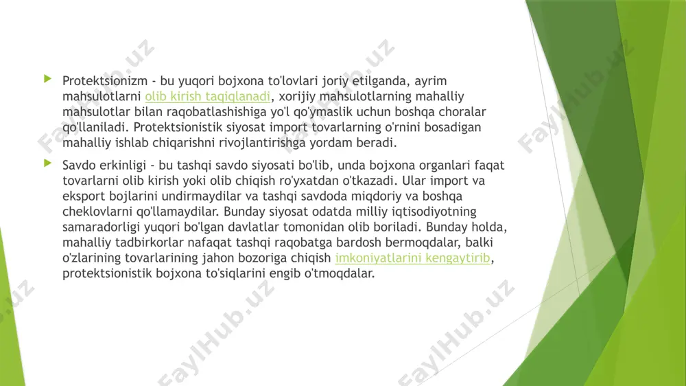 % ga ko‘paydi) tovar va xizmatlar eksport qilinishi ta’minlandi. eksport tarkibida tovarlar ulushi 78,8% ни tashkil etib, ular sanoat tovarlari (23,9%), oziq-ovqat mahsulotlari va tirik hayvonlar (8,2%) va kimyoviy vositalar va shunga o‘xshash mahsulotlar (7,1%) hissasiga to‘g‘ri kelmoqda. o‘tgan 10 oy davomida xizmatlar sohasi, sanoat tovarlari va oltin eng ko‘p eksport qilingan. eksportning eng katta hajmi 2022 yil fevral oyida qayd etilib, 2,7 mlrd aqsh dollarini tashkil etdi. 2021 yilning shu oyiga nisbatan 1,9 mlrd aqsh dollariga ko‘paydi. 2022 yil oktabr oyida eksport hajmi 1,4 mlrd aqsh dollarini tashkil etdi va 2021 yilning shu davriga nisbatan 33,4 foizga kamaydi. respublika eksporti tarkibida eng yuqori ulushni toshkent shahri 24,5% ulush bilan 3,8 mlrd aqsh dollarini, eng quyi ulushni esa jizzax viloyati 1% ulush bilan 161,1 mln aqsh dollarini tashkil etdi. davlat statistika qo‘mitasi import o‘tgan 10 oy davomida import hajmi 24,6 mlrd aqsh dollarini va 2021 yilning mos davriga nisbatan 121,2% …