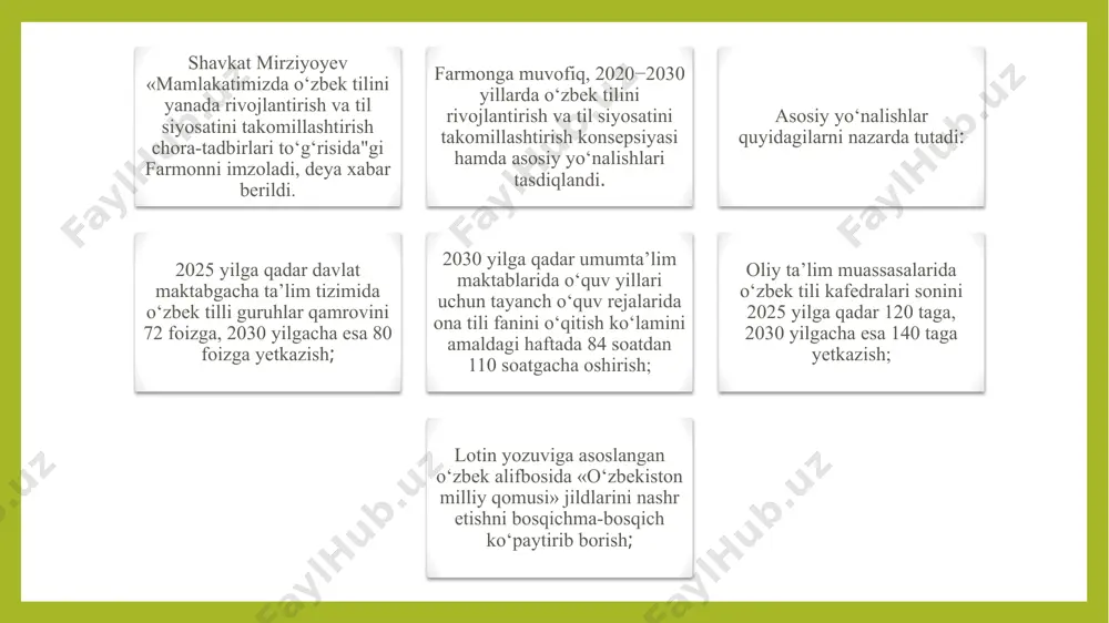 lat tili, shuningdek qatnashchilarning o‘zlari tanlagan tillar anjumanning ish tili hisoblanadi. 10-modda. korxonalar, muassasalar, tashkilotlar va jamoat birlashmalarida ish yuritish, hisob-kitob, statistika va moliya hujjatlari davlat tilida yuritiladi, ishlovchilarining ko‘pchiligi o‘zbek tilini bilmaydigan jamoalarda davlat tili bilan bir qatorda boshqa tillarda ham amalga oshirilishi mumkin. til siyosati til siyosati deganda, davlat, sinf, ijtimoiy guruhlarning mavjud tillar yoki til osti tizimlari vazifalarini o‗zgartirish yoki saqlab qolish, yangi lingvistik me‘yorlarni joriy qilish yoki eski me‘yorlarni saqlab qolishga qaratilgan tadbirlar majmuyi tushuniladi. til siyosatini ichki va tashqi til siyosatiga ajratish mumkin. ichki til siyosati deganda, muayyan davlat doirasida bir yoki bir qancha tillarga nisbatan qo‘llanilgan chora-tadbirlar majmuyi ko‘zda tutiladi. ko‘p millatli davlatlarda bir qancha tillar faoliyat ko‗rsatadi, shuning uchun ham bunday davlatlarning til siyosati milliy siyosatning muhim tarkibiy qismlaridan biri hisoblanadi. masalan, ispaniyada ispan (kastil), katalon, galisiy va bask tillari rasmiy tillar hisoblanadi. yoki fransiyani oladigan bo‘lsak, uning ichki til siyosati birinchi galda …
