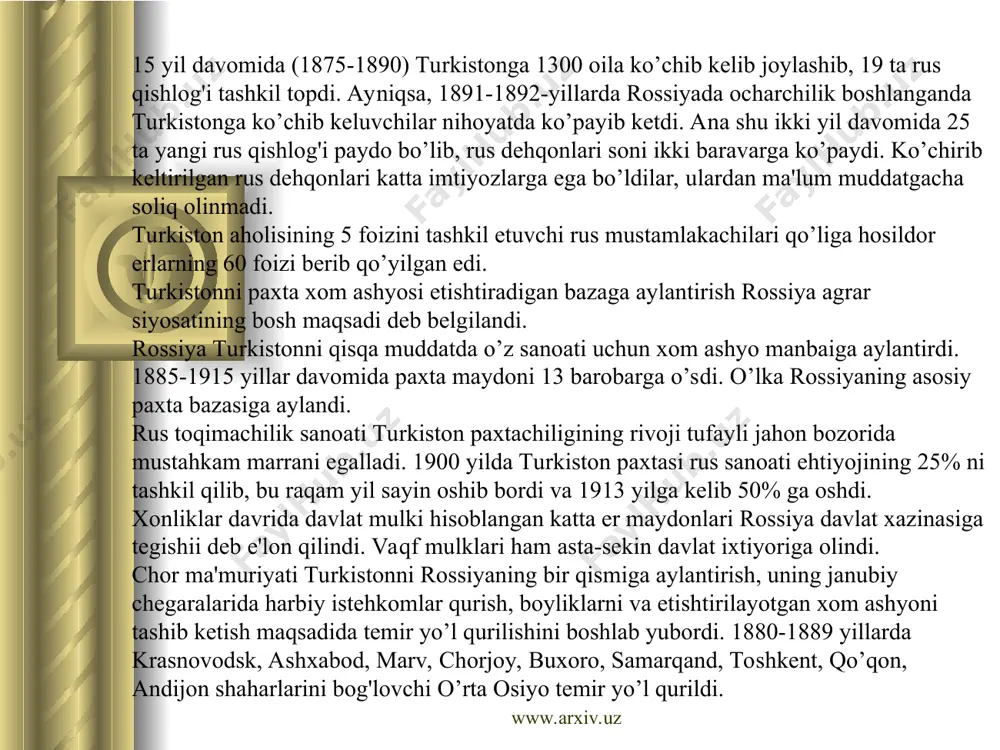 ylab o’tirmay, hokimga hujum boshladi. www.arxiv.uz www.arxiv.uz qurollangan soldatlar etib kelgach, xalq ayamay o’qqa tutildi. natijada ko’p kishi halok bo’ldi va yaralandi. qo’lga olingan 60 kishi turli muddatlarga qamoq jazosi va surgunga hukm qilindi. mustamlakachilarning zo’ravonligi xalqning ozodlik harakatini to’xtatib qololmadi. turkistonda ko’tarilgan ozodlik harakatining yana biri 1898 yilgi andijon qo’zg'olonidir. qozg'olonga andijon yaqinidagi mingtepa qishlog'ida yashovchi muhammad ali eshon boshchilik qildi. qo’zg'olonchilar andijondagi mustamlakachilarning harbiy gornizoniga bostirib kiradi va kazarmaning piramidalarida 30 ga yaqin turli miltiqni o’lja qilib olib, birinchi qatordagi soldatlar ustiga tashlanishadi. ularga ichkaridagi soldatlar qarshilik ko’rsatadilar. chorak soat davom etgan o’tishmadan so’ng qozg'olonchilar to’rt olgan sheriklarini tashlab chekinadilar. harbiy gornizondagilardan 23 kishi halok bo’ladi, 24 tasi yarador bo’ladi. harbiy qo’shinilar shaharni o’rab olib, qo’zg'olonni harbiy kuch bilan shafqatsizlarcha bostiradi. mustamlakachilar muhammad ali eshonni tutish uchun mingtepaga yurdilar, yo’lda duch kelgan kishini otib o’ldirib mingtepaga bostirib kirdilar, uch soatcha otishma va tintuv o’tkazdilar. nihoyat, eshon arslonbob yaqinidagi …