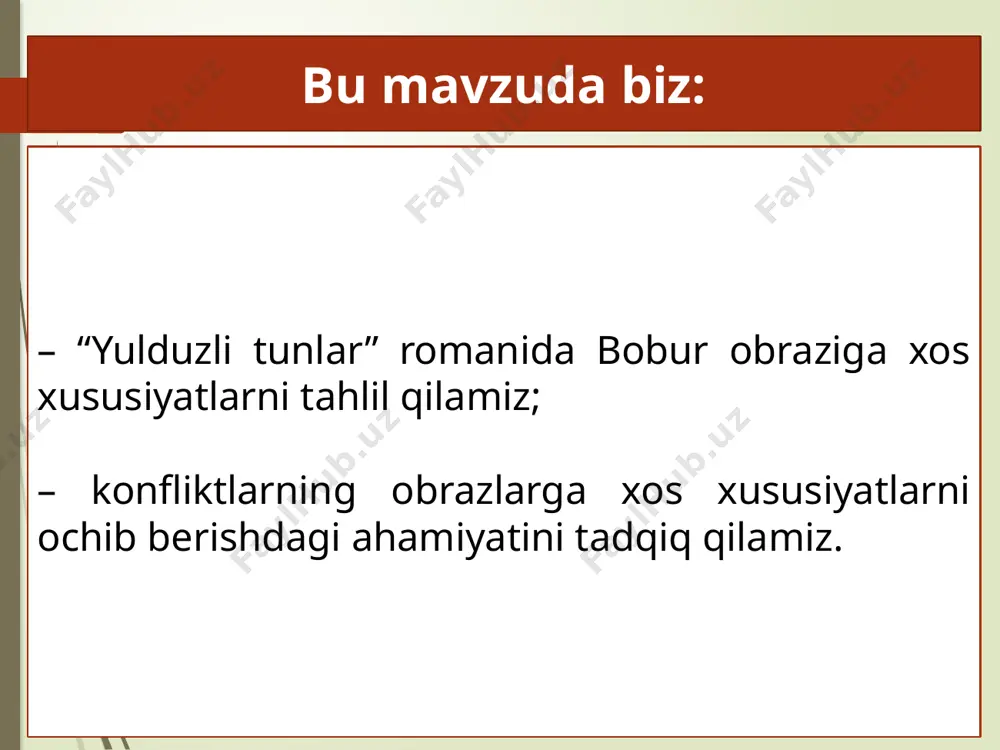 li sultoni ibrohim lo‘diyning katta qo‘shinini yengib, hindiston taxtini egalladi va boburiylar sulolasiga asos soldi. bu sulola hindistonda uch yuz yildan oshiq hukmronlik qildi. boburiylar davrida hindistonda ilm-fan, adabiyot va san’at rivojlandi, qizil qal’a, toj mahal singari dunyoga mashhur me’moriy obidalar qurildi. amir temur, bobur va boburiy hukmdorlar tasvirlangan miniatyura. xviii asr savollar 1. bobur haqida yana nimalarni bilasiz? unga bag‘ishlangan qanday asarlarni o‘qigansiz yoki ko‘rgansiz? bu asarlarda bobur qanday shaxs sifatida namoyon bo‘lgan? 2. yozuvchining bobur haqida asar yozishiga nima turtki bergan bo‘ lishi mumkin? sizningcha, asar nega “yulduzli tunlar” deb nomlangan? pirimqul qodirov “yulduzli tunlar” romani ustida o‘n yil ishladi. ish jarayonida u bobur hayotiga oid manbalarni o‘rgandi, bobur bo‘lgan joylarga sayohat qildi. asar bir qancha xorijiy tillarga tarjima qilindi, muallif esa mazkur asari uchun davlat mukofoti bilan taqdirlandi. asardan parchani o‘qing, savollarga javob bering 1. muallif nega malika baydaning ko‘zlaridagi ifodani “po‘lat tig‘ning sovuq jilosi”ga o‘xshatmoqda? malika …