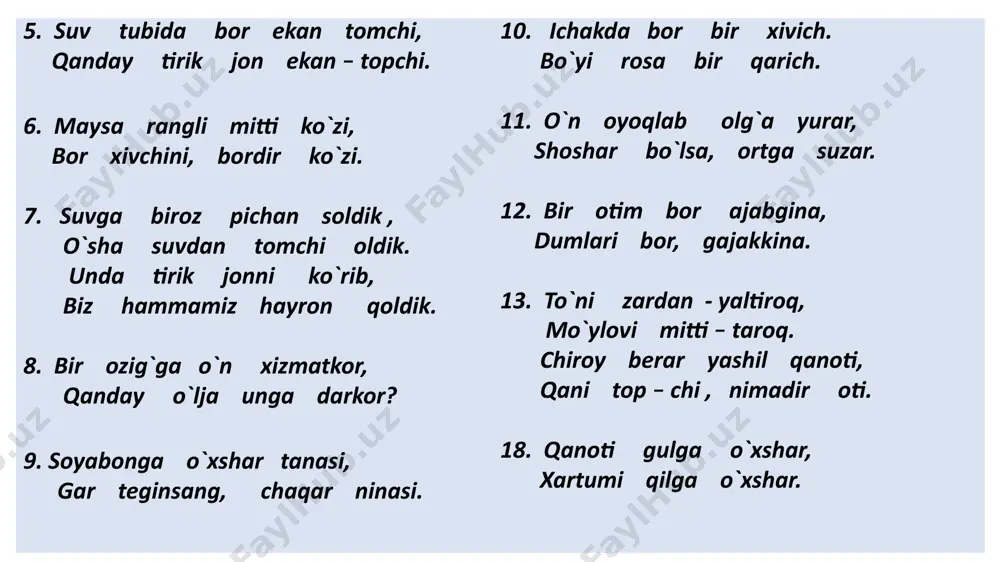 onadonlarda ular yelimli qog‘ozlar va har xil zaharli moddalar sepib yo‘qotiladi. uy pashshasining urg‘ochisi va tuxumlari pashshalar quyidagi kasalliklarning mikroblarini tarqatadi. gijja kasalliklarini tarqatadi ichburug’ qorin tifi vabo sil bo‘g‘ma ikki qanotlilarning xilma-xilligi. chivinlarning urg‘ochisi odam va hayvonlar qonini so‘radi. erkak chivinlar o‘simlik shirasi bilan oziqlanadi. chivinlarning qurtlari hovuz va ko‘lmak suvlarda rivojlanadi. chivinlar bezgak kasalligini tarqatadi. bahor va yoz mavsumida chivinlarning bir necha avlodi rivojlanadi. turar joylarning yer to‘lalarida qishda ham rivojlanishi mumkin. chivinlarning rivojlanish sikli iskabtoparlar – chivinlarga o‘xshash mayda hasharotlar. ular cho‘llardagi kemiruvchilar inida ko‘p uchraydi. hayvonlar va odam qonini so‘radi. odamga teri leyshmaniyozi (yomon yara) kasalligi qo‘zg‘atuvchisini tarqatadi. bu kasallik janubiy viloyatlarda uchraydi. so‘na va bo‘kalarning tashqi ko‘rinishi pashshalarga o‘xshash. so‘nalar hayvonlar terisini jag‘lari yordamida teshib, qonini so‘radi. ular cho‘l mintaqalarida juda ko‘p uchraydi; issiq yoz mavsumida uy hayvonlariga tinchlik bermaydi. har xil ikki qanotlilar: 1 – qoramol so‘nasi; 2 – bo‘ka; 3 – yashil go‘sht …