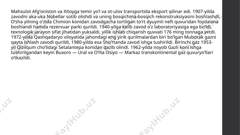 storlar konsorsiumi oʻrtasida qandim-xavzak-shodi uchastkalari va qoʻngʻirot uchastkalari boʻyicha 35 yil muddatga (mega-loyiha) mahsulotni taqsimlash kelishuvi (srp) imzolandi. uzbekistan gtl. koreya respublikasi, xitoy, rossiya bilan hamkorlikda qashqadaryo viloyatida qurilayotgan, qiymati 3,6 mlrd dollarlik yirik korxona. 2020-yilda ishga tushadi. hozirgi vaqtda “o’zbekneftgaz” mxk tizimida tabiiy gazni qayta ishlash yo’nalishida quyidagi korxonalar faoliyat yuritadi:muborak gqz , sho’rtan gaz-kimyo majmuasi va “sho’rtanneftgaz”ushk propan va butan aralashmasini olishga mo’ljallangan beshta qurilmalarning suyultirilgan gaz bo’yicha bir yillik umumiy quvvati yiliga 250,0 ming tonna , kondensat bo’yicha – qariyb 100 ming tonna , oltingugurt bo’yicha- 5 ming tonnagacha bo’lgan miqdorni tashkil qiladi va bu oltingugurt tozolovchi aminli qurilmasi bilan oksidlangan gazning butun hajmini qayta ishlab , oltingugurtga aylantirishni ta’minlaydi.2012-2013-yillarda “muborak gqz” ushk da gazni qayta ishlash yillik quvvati 4,0 mlrd. m3 ga teng suyultirilgan uglevodorod gazini qayta ishlab chiqarish bo’yicha 3 ta qurilmani ishga tushirdi.butun korxona bo’yicha esa bu bir yilda qariyb 240 ming tonna suyultirilgan …