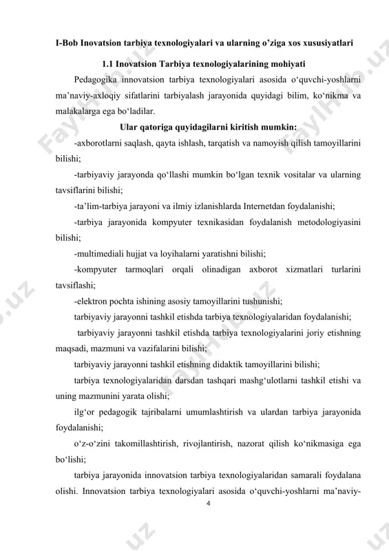 faoliyatida muhim yo‘nalishlar bo‘lib doimo, mazmunan boyitilib boriladi: innovatsion tarbiya texnologiyalari asosida o‘quvchi-yoshlarni ma’naviy-axloqiy sifatlarini tarbiyalashda maqsadning aniqligi. o‘zbekiston respublikasi ijtimoiy-siyosiy mustaqilligining dastlabki yillaridayoq mamlakatimizda amalga oshirilishi ko‘zda tutilayotgan tarbiyaviy maqsad aniq belgilab olingan va o‘qituvchi zimmasiga ulkan mas’uliyat yuklangan. o‘zbekiston respublikasining «ta’lim to‘g‘risida»gi qonuni hamda «kadrlar tayyorlash milliy dasturi» g‘oyalariga ko‘ra o‘qituvchiga jamiyatimiz tomonidan qo‘yilayotgan maqsad - erkin, ijodkor, mustaqil fikr egasi bo‘lgan komil inson va malakali mutaxassisni tarbiyalab voyaga yetkazishdan iborat. ushbu maqsadga erishish yo‘lidagi asosiy vazifa-bu shaxsda umumiy madaniyat unsurlarini, ya’ni, aqliy, axloqiy, jismoniy, estetik, iqtisodiy, ekologik, huquqiy, siyosiy hamda mehnat madaniyatini tarbiyalashdan iborat. texnologik tizim yoki tarbiya texnologiyasi bu pedagogik metod, usul va vositalarni rejali va kutilgan iatijalarga erishishga imkon beradigan, shaxsga va jamoaga aniq tasir ko‘rsatadigan jihatlarini tanlash tizimidir. bu tarbiyachi-o‘qituvchining o‘quvchilar amaliy faoliyatini to‘g‘ri tashkil qila olishi va boshqarishining ko‘nikma va malakalariga ega bo‘lishidir. texnologik jarayon natijalaridan asosiy maqsad, tarbiyachi ijodiy izlanishlar tufayli, o‘quvchilar …