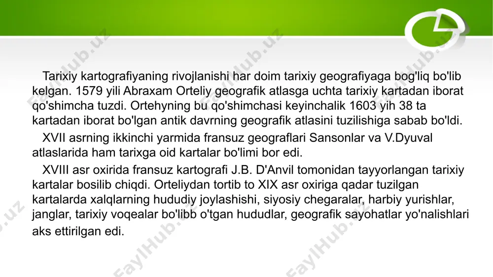 lqlari milliy tillarida o'quv kartalari tuzildi va nashr etildi. mintaqa, xususan o'zbekiston hududi tasvirlangan kartografik materiallar o'sha yillari nashr etilgan sobiq ittifoqning katta-kichik va qishloq xo'jaligiga oid maxsus qomuslari tarkibida ham berilgan. 1939-1940 yilari barcha o'rta osiyo respublikalarining devoriy siyosiy-ma'muriy, tabiiy va iqtisodiy kartalari tayyorlandi va chop etildi. ular ichida, ayniqsa, o'zbekiston va turkmanistonning qishloq xo'jalik kartalari alohida ajralib turadi. ularda qishloq xo'jaligining ixtisoslashuvi, ekilayotgan g'o'za navlarining joylanishi, davlat xo'jaliklari va ularning ixtisoslashuvi ko'rsatilgan. masshtabiga ko`ra kartalar uch guruxga: 1. yirik masshtabdagi kartalar 1 200000 va undan yi-rik. 2.o’rta masshtabdagi kartalar 1 300000dan 1 1000000gacha 3.kichik masshtabdagi kartalar 1 1000000dan kichik xozirgi zamon kartalaridagi elementlarga quyidagilar kiradi: 1. gidrografiya suv inshootlarini dengiz, daryo, ko’l, kanal, sun`iy suv omborlar buloqlar quduqlarni o’z ichiga oladi. 2. aholi punktlari shahar, shahar tipidagi poselkalar qishloq aholi punktlari kiradi. 3. aloqa yo’llari, temir yo’’llar, suv yo’li (dengiz va daryo) aviatsiyalar ; 4. sanoat qishloq xo’jaligi …