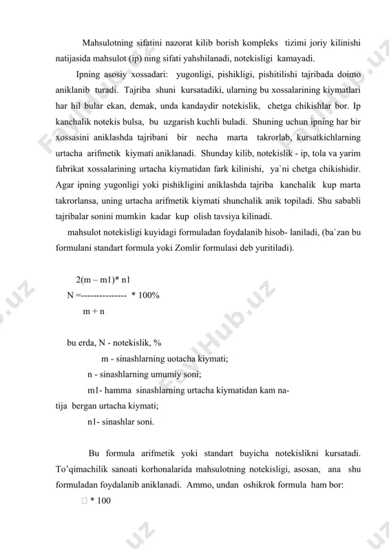 bilish zarur. ma`lumki, tolaning uzunligi, ingichkaligi, pishikligi va boshka asosiy xossalari kanchalik yahshi bulsa, bunday toladan shuncha pishik, sifatli ip olinadi. ayniksa, ipning pishikligi tolaning ingichkaligi va uzunligiga juda yuoglik. bu bogliklik professor a.n.solovьyov formulasida yahshi ifodalangan. bu formulaga asosan ipning uzilish uzunligi r (m yoki km hisobida) kuyidagicha teng: ┌ ┐ 5 │ 2,65 │ r = nn * hi*nt*rt(1- -----)│1-0,0375 * h - -------│ lsht │ └ ┘ ┌ ┐ p 5 │ 2,65 │ r = --- (1- --- ) *│1-0,0375*h - ------│ * g * k t l │ │ └ ┘ bu erda, ti, ni- ipning yugonligi, teks (nomer) ri- ipning pishikligi, g tt, nt - tolaning yugonligi m teks (nomer) rt - tolaning pishikligi, g lsht - tolaning shtapelь uzunligi, mm no - ipning solishtirma notekisligi (urta nomerli ip uchun 5-5,5; yukori nomerli ip uchun 3.5 - 465 %) g - yigiruv fabrikasi mashinalarning …