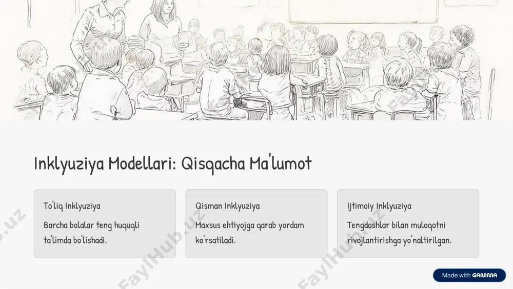 iya tengdoshlar bilan faol muloqotda bo'lish. https://gamma.app/?utm_source=made-with-gamma aqliy nuqsonlar sodda materiallar qulay va tushunarli darsliklar ishlatiladi. amaliy mashg'ulotlar hayotiy ko'nikmalarni o'rgatish muhim. qisman inklyuziya maxsus guruhlarda qo'llab-quvvatlash ta'minlanadi. https://gamma.app/?utm_source=made-with-gamma xulosa shaxsiylashtirilgan yondashuv har bir bola uchun maxsus inklyuziya modeli. nuqsonni to'liq baholash chuqurlik va tuzilishini hisobga olish zarur. hamkorlik muhim ota-onalar, o'qituvchilar va mutaxassislar birligi. https://gamma.app/?utm_source=made-with-gamma