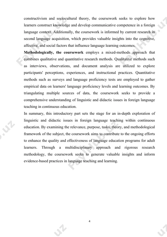 didactic issues in foreign language teaching in continuous education. in summary, this introductory part sets the stage for an in-depth exploration of linguistic and didactic issues in foreign language teaching within continuous education. by examining the relevance, purpose, tasks, theory, and methodological framework of the subject, the coursework aims to contribute to the ongoing efforts to enhance the quality and effectiveness of language education programs for adult learners. through a multidisciplinary approach and rigorous research methodology, the coursework seeks to generate valuable insights and inform evidence-based practices in language teaching and learning. chapter 1: foundations of language teaching 1.1. understanding language acquisition theories. this topic's relevance lies in its profound impact on language teaching methodologies, curriculum development, and instructional practices, as well as its contribution to our understanding of the cognitive, social, and cultural factors that influence language learning. at its core, language acquisition theories aim to answer fundamental questions …