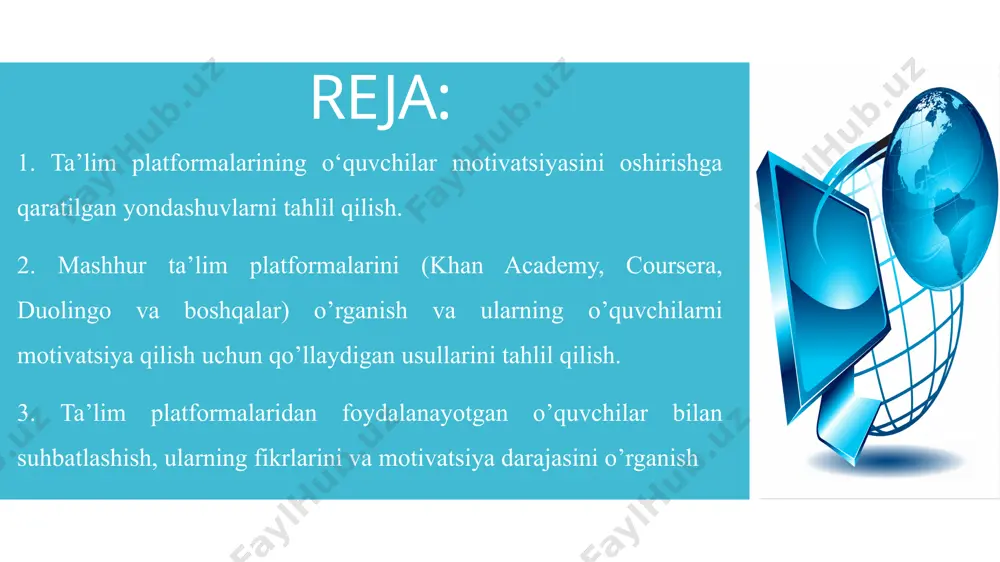 timul - ichki stimul hisoblanadi. ushbu rag'batlantiruvchi omil - biologik, emotsional, ma'naviy yoki ijtimoiy xarakterda bo'lishi mumkin. mazkur holatda bu yerda tashqi rag'batlantiruvchi yoki mukofotlovchi narsa yo'q. bu faoliyat o'z-o'zidan zavqlanish va individual qoniqishni his qilish uchun amalga oshiriladi. ta’lim platformalari o‘quvchilarning motivatsiyasini oshirishga qaratilgan turli xil yondashuvlarni qo‘llaydi. bu yondashuvlar o‘quv jarayonini qiziqarli, rag‘batlantiruvchi va o‘quvchilarning ehtiyojlariga moslashtirishga qaratilgan. quyida shunday yondashuvlarning amaliy qo‘llanilishi va ularning ta’siri haqida batafsil ma’lumot berilgan: o’yinlashtirish (gamification): shaxsiy moslashuv (personalization): ijtimoiy o’rganish: vizualizatsiya va multimedialik: qayta aloqa va qo’llab-quvvatlash: o’quvchilarga tanlov imkoniyatini berish: mashhur ta’lim platformalarini (khan academy, coursera, duolingo va boshqalar) o’rganish va ularning o’quvchilarni motivatsiya qilish uchun qo’llaydigan usullarini tahlil qilish. onlayn o’quv platformalari (e-learning platformalari) — bu internet orqali ta’lim olish, o’qitish va o’quv materiallarini boshqarish imkonini beruvchi dasturiy ta’minot va texnologiyalar majmuidir. ular o’quvchilarga va o’qituvchilarga masofadan turib ta’lim olish, bilimlarni almashish va o’quv jarayonini boshqarish uchun keng imkoniyatlar …