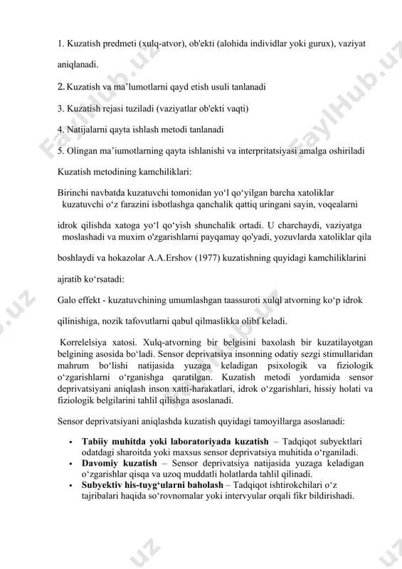atuvni o‘tkazayotgan tadqiqotchi uchun sababli bog’lanishlarni qayd etish muhim emas, balki ma’lum bir sharoitlarda individ yoki gurux xatti-harakatlarining qandaydir umumlashgan manzarasini yaratish muhim hisoblanadi. kuzatish bevosita yoki kuzatuv asboblaridan foydalangan holda o‘tkazishi mumkin. ularning qatoriga audio va video apparatlar o‘ziga xos kuzatish ' apparatlari va xokazolar kiradi. kuzatish natijalarining fiksatsiyasi (qayd etilishi) kuzatuv jarayonida yoki vaqt o'tgandan so‘ng amalga oshirilishi mumkin. vaqt o‘tgandan so‘ng natijalarning qayd etilishida kuzatuvchi xotirasining ahamiyati ko‘payadi, xulq-atvomi qayd etish ishonchliligi va to'liqligiga zarar etadi, shubxasizki, olingan natijalarning aniqligi ham zarar ko'radi. kuzatuvchining muammosi alohida ahamiyatga ega hisoblanadi. agar individ yoki gurux o‘zining kuzatilayotganligidan xabar topsa, u holda uning xulq-atvori o‘zgaradi. agarda kuzatuvchi shaxs gurux yoki individga noma’lum bo‘lsa, agarda u obro‘li b o‘lsa hamda sinaluvchilarning xulq-atvorini kompotent baxolay olsa (adolatli) u holda yuqorida aytilgan effekt ortadi. faollashtirilgan kuzatuvning ikkita varianti bor: 1. kuzatuvchilar o‘zlarining xulq- atvorlari tadqiqotchi tomonidan qayd etilayotganligini biladilar (masalan, alpinistlar guruxining yoki …