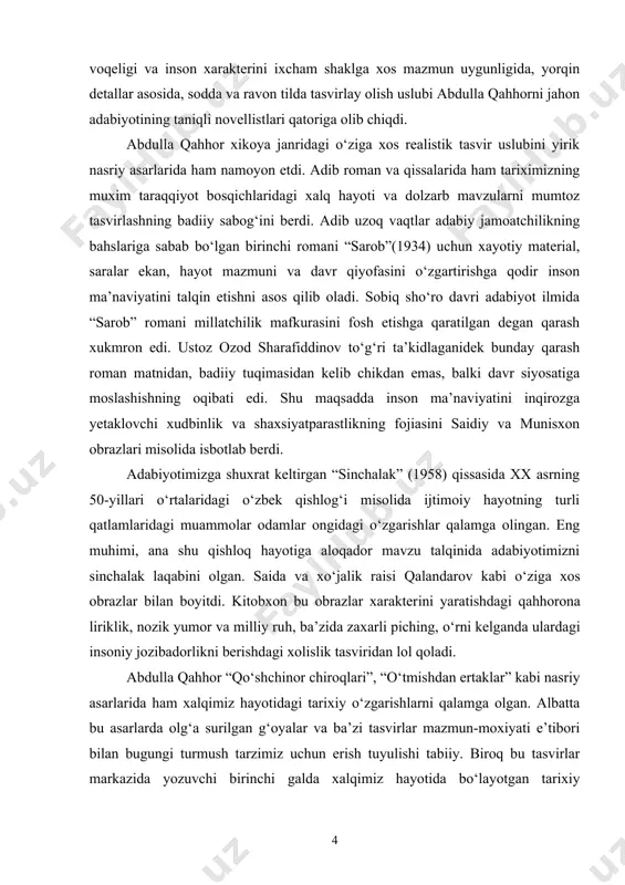 n о‘zbekiston xalq yozuvchisi odil yoqubov adolatli ta’riflaganidek adabiyotimizda hech bir yozuvchi abdulla qahhorchalik kula olmagan va nafratlanmagan. ba’zi zamondoshlarida ruhiy qashshoqlikni va mol-dunyo izidan quvishni fosh etish, ma’naviy gо‘zallikni ulug‘lash adibning sо‘ngi asari “muhabbat” qissasida ham asosiy pafos sifatida kо‘zga tashlanib turadi. abdulla qahhor adabiyot dargoxini bir umr muqaddas deb bildi va shu e’tiqod bilan ijod qildi. u о‘z suhbatlari va makrlarida «adabiyotning atomdan kuchli” ekanligini, “xalq hayoti yozuvchiga ilhom berishi”ni, yozuvchi esa “xayotni his qila bilish, uni qalb kо‘zi bilan kо‘rish”ni, “kitob shavq bilan о‘qilishi” lozimligini, “kitobxonga ravon, sodda til kerak”ligini qayta-qayta uqtirar edi. adibning adabiyotimiz jonkuyari sifatida yosh iste’dodlarning kamol topishida ustozlik faoliyati esa benihoya qadrlidir. bugungi adabiyotimiz darg‘alari: sayd ahmad, primqul qodirov, odil yoqubov, erkin voxidov, abdulla oripov, о‘tkir hoshimov va boshqa bir qator iste’dodli yozuvchilarimizning ijodiy taqdirida ustoz mehr nazarining о‘rni beqiyosdir. abdulla qahhor hayoti va ijodi davomida zamonasining alg‘ov-dalg‘ovlariga ham, asarlariga otilgan tuxmat toshlarga …