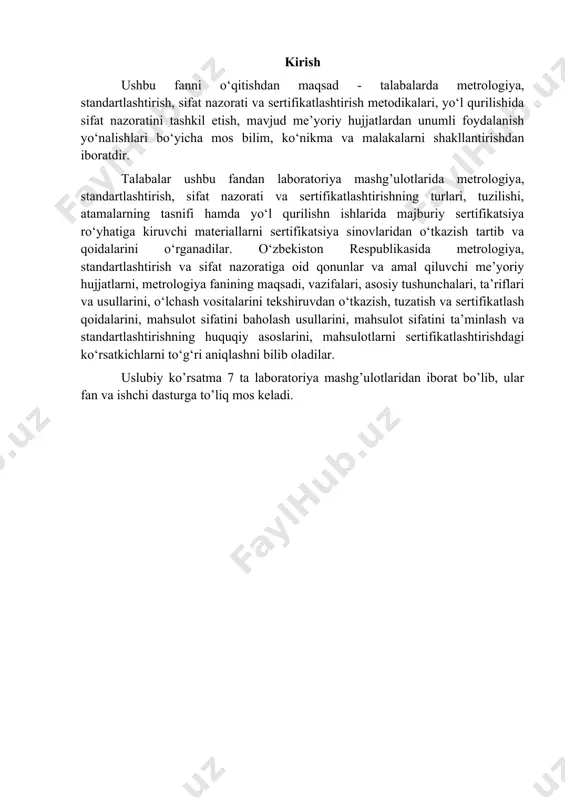 lchashda ishlatiladigan dornii urgichining metrologik xususiyatlarini aniqlash. dornii urgichining o'lchamlari quyidagi rasmda keltirilgan. mavjud dornii urgichining o'lchamlarini o'lchagan holatda uni metrologik xususiyatini o'rganib, yaroqli(yaroqsiz) ekanligi 2-rasm. dornii asbobi. 3-topshiriq. yo'l to'shamasini sochiluvchan materiallardan qurilgan asos qatlamlarini zichligini aniqlashda ishlatiladigan qo'shvaronka asbobini metrologik xususiyatlarini aniqlash. bunda qo'shvaronkani tegishli gostini topib rasmda keltirilgan 5 ta parametrlari bo'yicha metrologik xususiyatini aniqlanadi. 3-rasm. qo’shvaronka asbobi. topshiriq: o'lchov vositalarning metrologik xususiyatlarini aniqlashni o'rganish. 2-laboratoriya ishi mavzu: majburiy sertifikatsiya ro‘yxatiga kiruvchi materiallarni sertifikatsiya sinovidan o‘tkazish. ishdan maqsad: misolda majburiy sertifikatsiyalash ro'yhatiga kiruvchi yo'l qurilish materiallarini sertifikatsiya sinovidan o'tkazish va unga muvofiqlik sertifikatini berish (bermaslik) haqida xulosa chiqarish. misol: yo'lbop suyuq neft bitumlarini sertifikatsiya sinovidan o'tkazish. gost 11955 bo'yicha bitumlar uchun quyidagi talabalar qo'yiladi: ko’rsatkichlar nomi me’yor сг 40/70 сг 130/200 мг 70/130 мг 130/200 sinov usuli 1.shartli qovushqoqlik. 5 mm, 60 ºс da sekund 2.parlangan suyultiruvchi moddalar miqdori, % kam emas 3.parlangan suyultiruvchi moddalar miqdorini aniqlagandankeyingi …