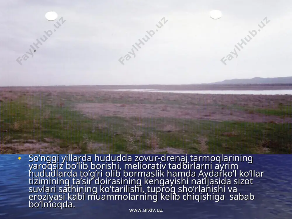 a ega hamda suv sathi 250 m balandlikkacha ko’tarilganligiga e’tibor bersak, ko’l va ko’lning ta’sirini o’rganish naqadar muhim masala ekanligiga amin bo’lamiz. ko’ldagi suv maydoni va hajmining ortishi sug’oriladigan yerlarda sizot suvlar sathining ko’tarilishiga sabab bo’ldi (1-jadval). www.arxiv.uz www.arxiv.uz sug’oriladigan yerlarda eroziya jarayonlarining kuchayganligi, o’simlik qoplamining siyraklashganligi hamda ko’l va quruqlikdagi bosim farqi tufayli lokal doiradagi shamollarning ko’proq esayotganligini ko’rish mumkin. shamollarning harakatiga e’tibor beradigan bo’lsak, bahorda ko’ldan quruqlikka, yozda quruqlidan ko’lga tomon esayotganligini kuzatamiz. bu hodisalar o’z navbatida, o’simlik qoplami siyraklashgan tuproqlarda eroziya jarayonini yanada kuchayishiga olib kelmoqda. www.arxiv.uz www.arxiv.uz www.arxiv.uz www.arxiv.uz ko’l atrofida muammolarning shu tarzda ko’payib borishi ko’lni saqlab qolish lozimmi yoki yo’qmi, degan savol ustida bosh qotirishga majbur etadi. arid iqlimli bo’lgan hududimizda suvning qadri balandligi, tashlama suvlar qayerdadir to’planishi kabi xususiyatlarini hisobga olgan holda, ko’lni saqlab qolish lozimdir. www.arxiv.uz www.arxiv.uz ko’l saqlab qolinadigan bo’lsa, yuqorida ko’rib o’tilgan muammolarni bartaraf etish yo’llari bo’yicha o’zimizning takliflarimizni berib …