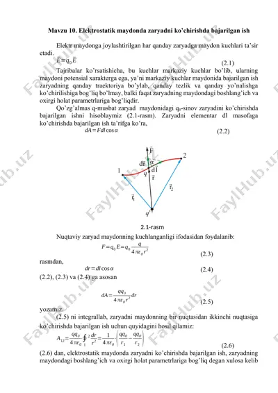 elektrostatik maydonda zaryadni ko’chirishda bajarilgan ish — DOCX