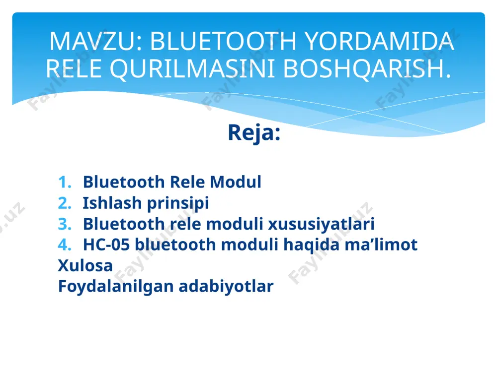 bilan ulanish: bluetooth rele moduli, odatda, bluetooth orqali telefon yoki boshqa qurilma bilan ulanishni qo'llab-quvvatlaydi. bunday ulanishlar orqali relening har bir kanali boshqariladi. signal yuborish: telefon yoki kompyuter orqali bluetooth signali yuboriladi va rele moduli signalni qabul qiladi. rele moduli elektr qurilmalarini yoqish yoki o'chirish uchun signalni ishlatadi. bluetooth rele modulining ishlash prinsipi bluetooth rele modulining tuzilishi bluetooth modul: asosan, hc-05 yoki hc-06 bluetooth modullari ishlatiladi. rele: elektrli tizimlarni boshqarish uchun ishlatiladigan mexanik relelar. ular telefon yoki kompyuterdan kelgan bluetooth signaliga javoban ishlaydi. quvvat manbai: rele moduli uchun odatda 5v yoki 12v quvvat manbai talab etiladi. bluetooth rele moduli qo'llanilish sohalari uy avtomatizatsiyasi (smart home): elektr jihozlarini masofadan boshqarish (chiroqlarni yoqish/o'chirish, eshiklarni ochish, xavfsizlik tizimlarini boshqarish). robototexnika: robotlarga simsiz tarzda signal yuborish va ularga harakat qilish buyruqlarini berish. mashina avtomatizatsiyasi: avtomobillarda turli qurilmalarni boshqarish, masalan, avtomatik oynalarni ochish yoki ventilyatorlarni ishga tushirish. ishlab chiqarish tizimlari: ishlab chiqarish jarayonlarini masofadan boshqarish. …