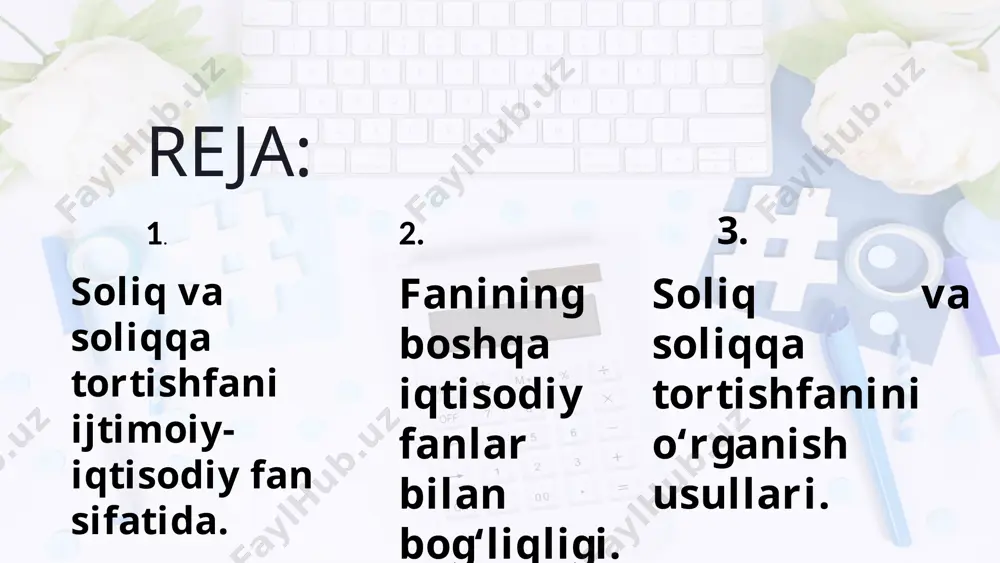 i» kitobida quyidagilarni alohida qayd etib o‘tgan “buyuk tarixiy voqea hodisalar ortida moliyaviy sirlar yotadi” 11 mavzuni takrorlash uchun savollar: 1. soliq va soliqqa tortish fanining predmeti va o‘rganishning qanday usullari mavjud? 2. soliq va soliqqa tortishfani nima uchun iqtisodiy fanlar tarkibidan o‘rin olgan? 3. fanni o‘rganishdagi umumiy usullar haqida tushuncha bering? 4. fanni o‘rganishdagi alohida usullar haqida tushuncha bering? 5. soliq va soliqqa tortishfani o‘z predmetini o‗rganishda qaysi fanlar bilan aloqada bo‘ladi? 6. soliq va soliqqa tortishfanini o‘qitish nima uchun kerak? 7. soliq va soliqqa tortishfani nimani o‘rgatadi uning qanday vazifalari bor? 8. soliq va soliqqa tortish fanining mazmunida nimalarni o‘rgatish maqsadi yotadi va uning mutaxassislar tayyorlashdagi roli qanday? 12 adabiyotlar ro‘yxati: jo‘rayev a.s., safarov g„.a., meyliyev o.r. “soliqlar va soliqqa tortish “ (ii qism) darslik toshkent-2019, 6-13 bet jane fracknall-hughes. the theory, principles and management of taxation: an introduction, routledge taylor and francis group. 2015 13 image1.png image2.png …