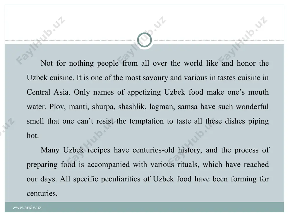 the country cook in their own way. on the north the preference is given to plov, roasted meat, pastry and lepeshka (bread). on the south people prepare wide variety of complex dishes of rice and vegetables and also make excellent desserts. uzbeks generally eat by hand and sit at the floor or at the low table – dastarkhan. at the beginning the table is served with sweets and fruits. later it is served with vegetables and salads. then it is the turn of soups – savory shurpa, thick mastava, etc. repast is finished with main dishes – manti, lagman, shashlik and plov. www.arxiv.uz www.arxiv.uz uzbek soups - a storehouse of flavor and taste soups are very popular in uzbekistan and take an important place in national culinary. uzbek soups are quite thick and rich of such vegetables as carrot, beet, onion, greens and various spices. the most popular uzbek soup …