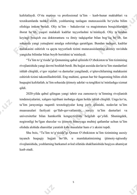 ch asosiy bosqichda amalga oshirilishi belgilandi: birinchi bosqich (1997–2001-yillar): bu davrda huquqiy asoslar yaratildi, ta’lim muassasalari faoliyatini tartibga soluvchi qonun va qarorlar qabul qilindi, moddiy-texnik baza mustahkamlandi. o‘qituvchilar malakasini oshirish va yangi o‘quv adabiyotlarini yaratish ishlari boshlandi. ikkinchi bosqich (2001–2005-yillar): ta’lim tizimining mazmuni yangilandi, o‘quv dasturlari zamonaviy talablar asosida qayta ko‘rib chiqildi. kasb-hunar kollej 7 va litseylarining faoliyati kengaytirildi, zamonaviy ta’lim metodlari joriy qilindi. shuningdek, ta’lim muassasalari o‘rtasida hamkorlik kuchaytirildi. uchinchi bosqich (2005-yildan keyingi davr): bu bosqichda ta’lim tizimi to‘liq shakllantirildi va uning barqaror rivojlanishi ta’minlandi. ta’lim sifati xalqaro mezonlarga yaqinlashtirildi, yangi texnologiyalar asosida o‘quv jarayonini tashkil etish, raqamli ta’lim elementlarini kiritish ishlari amalga oshirildi. “kadrlar tayyorlash milliy dasturi”ning eng katta yutuqlaridan biri – ta’lim tizimida yangicha, milliy modelni yaratganidir. bu modelda shaxs – ya’ni ta’lim oluvchi markaziy o‘rinda turadi. uning intellektual, ma’naviy va jismoniy salohiyatini har tomonlama rivojlantirish, mustaqil fikrlash, yangilik yaratish qobiliyatini shakllantirish dastur asosiy g‘oyalaridan biridir. shuningdek, …