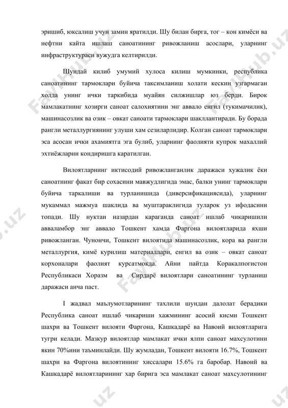 ог кон ва казиб олиш тармокларига таянади. жумладан, навоий вилоятида рангли, нодир ва кимматбахо металлар захиралари катта ахамиятга эга. колаверса, хали бу вилоятнинг (кизилкумнинг) табиий бойликлари тула урганилмаган. хозирги кунда вилоят марказида рангли металлургия, курилиши материаллари, электроэнергетика ва кимё саноатининг корхоналари фаолият курсатмокда. айни пайтда бу ерда республикамиз учун анъанавий булган енгил ва озик – овкат саноатлари суст ривожланган. мамлакатамизнинг иктисодий мустакиллигини шаклланиши ва бозор муносабатларига утиш даврида кашкадарё вилоятининг урни бекиёс. 1 жадвал узбекистон республикаси саноатининг худудий таркиби ва ривожланганлик даражаси (1996) вилоятлар майдони респ. нисбатан фоиз хисобида ахолиси (минг киши) 01,01,98 йил саноат махсулотиресп нисб. % хисобида саноатнинг мужассамлашув даражаси, индекси майдонига нисбатан ривожланганлик даражаси (урни) 1 корак.респ 6.9 1459,1 6,2 0,07 11 2 андижон в 0,9 2114,9 8,9 6,14 8 3 бухоро 8,8 1380,8 5,8 4,89 7 4 жиззах 4,6 923,3 3,9 0,33 13 5 навоий 24,8 768,1 3,2 0,41 1 6 наманган 1,8 1858,0 7,8 2,39 …