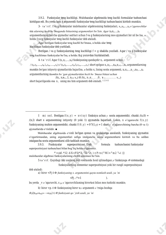 biror -1 ). bu yerda _v о 'zgaruvchi, x jk/ о 'zgaruvchilaming birortasi bilan mos tushishi mumkin; b) biror ■ • •.*/f-l, (pm ( vmj i хщ2 j-■ • y^mi x*ji+l r1*)^ ) • 5- ta’rifda keltirilgan usullardan birortasini berilgan ф sistema fiinksiyalariga qo’llash natijasida hosil qilingan yangi funksiyalar фа) sistemasini bir rangli superpozitsiyalar sinfi deb, ф11 sinfi fiinksiyalariga qo’llash natijasida hosil qilingan funksiyalar фт sistemasini ikki rangli superpozitsiyalari sinfi deb, va, hokazo, к rangli superpozitsiyalar ф , к ) sinfi deb ataluvchi sinflarni hosil qilamiz. umuman olganda, ф'*+1) =(ф'*,) y , x у asosiy elemental■ funksiyalaming superpozitsiyasi vositasida hosil qilingan ifoda formula deb ataladi. 3.9.4. bui algebrasi. ushbu bobning 4- paragrafida mulohazalar algebrasidagi asosiy teng kuchliliklami ko’rib o’tgan edik. endi bu teng kuchliliklardan foydalanib, mantiq fanini formallashtirgan va matematik mantiqning aksiomalar sistemasini yaratgan ingliz olimi jorj bui (kitobning kirish qismiga va 1 bobning 2- paragrafiga qarang) nomi bilan ataladigan …