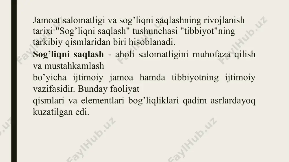 n profilaktik, davolash-sog’lomlashtirish chora-tadbirlari majmui. 2. statistik usul – aholi salomatligi holati, davolash-profilaktika muassasalarining samaradorligi va sifatini xolisona aniqlash imkonini beradi. 3. tarixiy usul– tadqiqot mamlakat rivojlanishining turli tarixiy bosqichlarida o’rganilayotgan muammoning holatini kuzatish imkonini beradi. 4. iqtisodiy usul– iqtisodiyotning sog’liqni saqlash va sog’liqni saqlashga davlat iqtisodiyotiga ta’sirini aniqlash imkonini beradi e’tiboringiz uchun raxmat! /docprops/thumbnail.jpeg