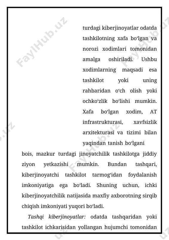 sizlik to‘g‘risida”gi qonun loyihasi ishlab chiqiladi; loyihada: · axborot kommunikatsiya texnologiyalari tizimini zamonaviy kibertahdidlardan himoya qilish, turli darajadagi tizimlar uchun kiberxavfsizlik bo‘yicha zamonaviy mexanizmlarni joriy etish; · kiberxavfsizlikni ta’minlash sohasida davlat organlari, korxona va tashkilotlarning huquqlari va majburiyatlarini belgilash, ularning faoliyatini muvofiqlashtirish; · ushbu sohadagi normativ-huquqiy hujjatlarni unifikatsiyalash nazarda tutiladi. kiberqonunlar har bir davlatning milliy qonun me’yorlari asosida shakllantiriladi yoki ularning bir qismini tashkil qiladi. quyida respublikamizdagi qonun hujjatlarida kiberjinoyatni oldini olish va tartibga solishga aloqador bo‘lgan bandlar keltirilgan. milliy qonunlar. 2002-yil 12-dekabrda o‘zbekiston respublikasining 439-ii – sonli “axborot erkinligi tamoyillari va kafolatlari to‘g‘risida”gi qonuni qabul qilindi. ushbu qonun 16 moddadan iborat bo‘lib, unda xususan, quyidagilar belgilangan: 1-modda. ushbu qonunning asosiy vazifalari ushbu qonunning asosiy vazifalari axborot erkinligi tamoyillari va kafolatlariga rioya etilishini, har kimning axborotni erkin va moneliksiz izlash, olish, tekshirish, tarqatish, foydalanish va saqlash huquqlari ro‘yobga chiqarilishini, shuningdek axborotning muhofaza qilinishini hamda shaxs, jamiyat va davlatning axborot borasidagi …