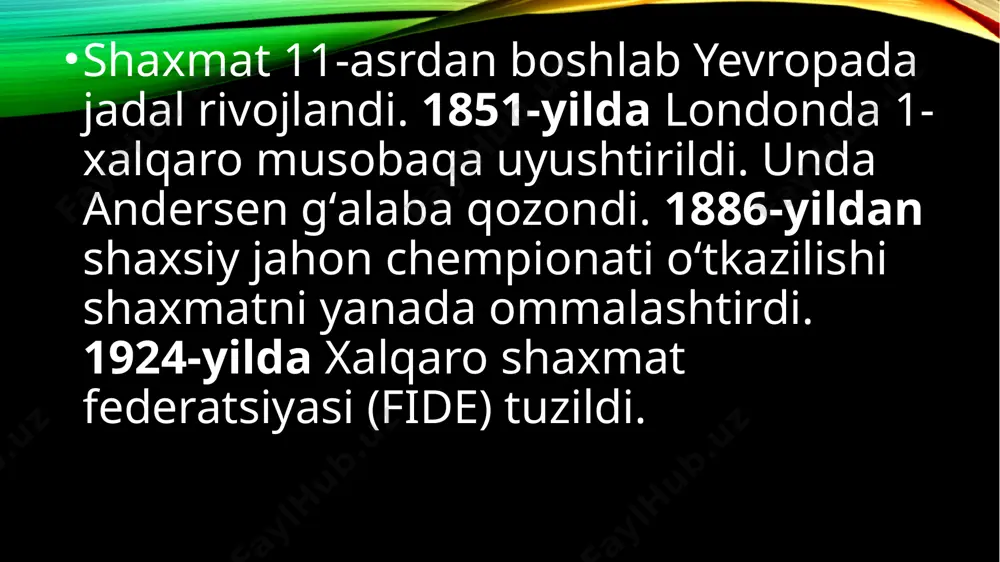 a raqib shohiga mot e'lon qilish voki kuchlarda hal qiluvchi ustunlikka erishish hisoblanadi. mittelshpilda raqib fikrini payqashga harakat qilish va o‘z o‘yin rejasini tuzish zarur. o‘yin rejasi bu yaqin 3—4 yurishdagi harakatlar hisoblanadi. agarda raqib hujum uyushtirmoqchiligini ko'rsangiz, himoyalanish harakatlarini amalga oshirish zarur. endshpil endshpil — shaxmat partiyasining yakunlovchi qismi, endshpilning asosiy vazifasi piyodani farzinga aylantirishgacha olib borish hisoblanadi. shundan keyin raqib shohiga mot qilish oson bo‘ladi. image2.png image3.jpeg image4.jpeg image5.jpeg image6.jpeg image7.jpeg image8.jpeg image9.png image10.png image11.png image12.png image13.png image14.png image15.png image16.png image17.png image18.jpeg image19.png image20.jpeg image1.png /docprops/thumbnail.jpeg