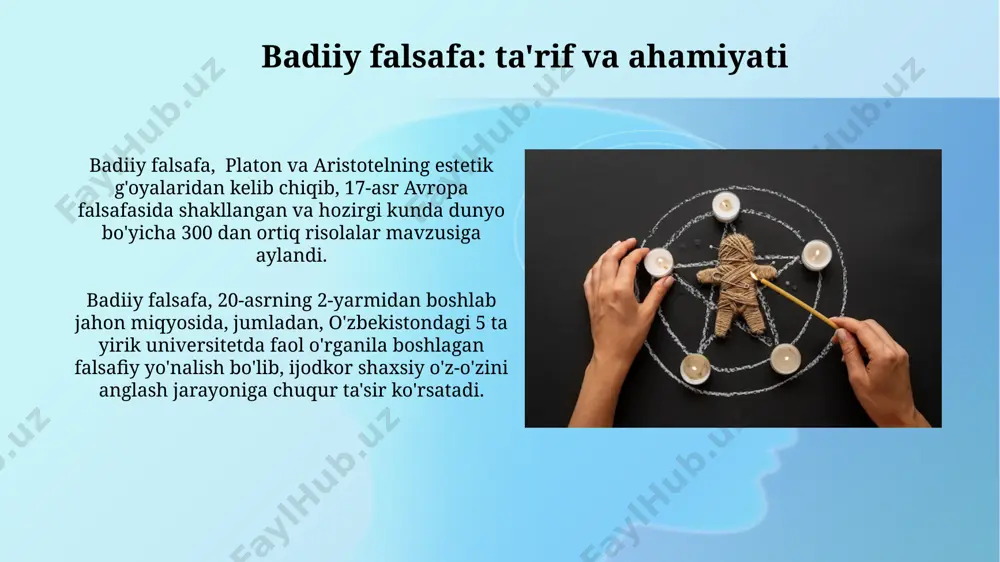 eradi va shu orqali shaxs o'zining hissiy dunyosini chuqurroq anglab, shaxsiy o'sishga 7 bosqichli yo'lni ochadi. ijodiy jarayon davomida, masalan, 5 yillik rasm chizish tajribasi orqali, shaxs o'zining ichki dunyosini 3 turli usulda ifoda etishni o'rganadi va bu o'z-o'zini anglashga samarqand kabi tarixiy shaharlarning madaniy boyligidan ilhom olish orqali yordam beradi. turli falsafiy maktablarning ta'siri stoitsizm, qadimgi yunoniston va rimda kelib chiqqan, o'zining 4 ta asosiy fazilatiga – donolik, adolat, jasorat va o'z-o'zini boshqarishga asoslangan holda, san'atkorlarga ichki tinchlik va muvozanatni topishda yordam berdi. ekzistensializm, 20-asrning o'rtalarida paydo bo'lib, fransada j.-p. sartre va albert kamyu kabi faylasuflarning ta'siri ostida, ijodiy jarayonlarga o'zining shaxsiy tanlov va mas'uliyatini qo'shishni urg'utdi. san'at orqali o'z-o'zini kashf etish o'zbekistonning zamonaviy haykaltaroshlik maktablari 5 dan ortiq turli texnikalarni qo'llab, o'ziga xos individualizm va o'z-o'zini ifoda etish usullarini namoyish etadi. san'at orqali o'z-o'zini anglash jarayonida 15-20 asr o'zbek rassomlarining 30 dan ortiq asarlari o'ziga xos psixologik portretlarni …