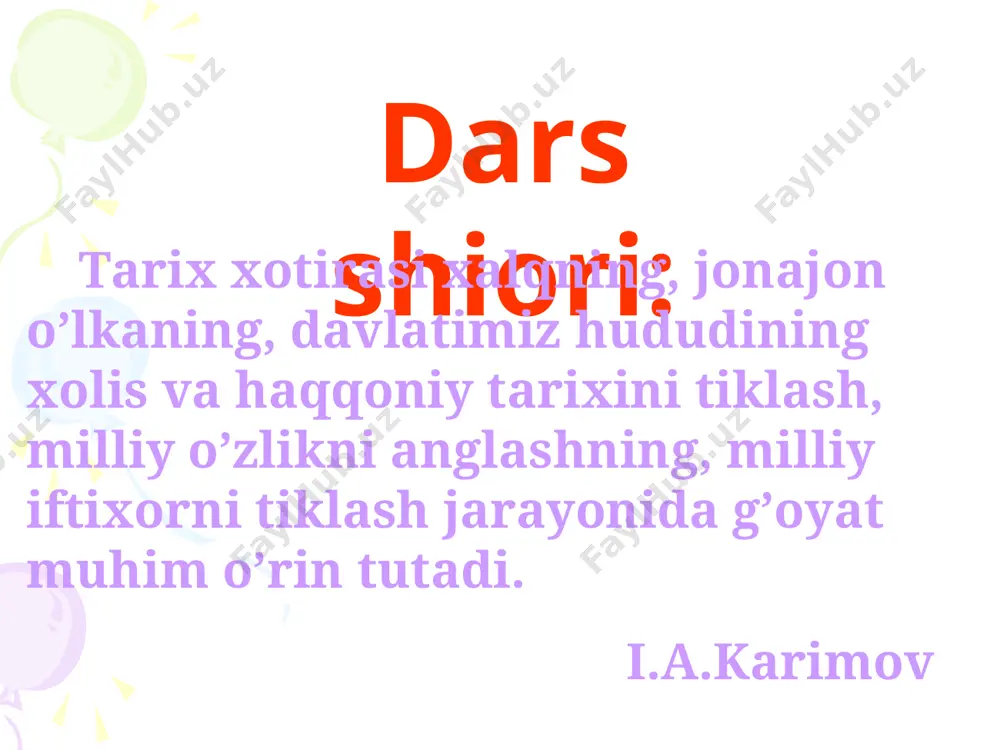 ug’bek juda ko’p inshoot qurdirgan 11. ulug’bek mirzo madrasa va xonaqoh qurdirgan 12. ko’hak etagida rasadxona qurdirgan 13. ajib orasta shahardur 14. xo’b nonvoliqlari va oshpazliqlari bordur 15. olamda yaxshi qog’oz samarqaddin chiqar. husayn boyqaro sulton husayn umarshayxning nabirasi, amir temurning aberasi onasi feruzabegim (temurning aberasi) u “karimut tarafayin” (ikki tomondan ham temuriyzoda) qiyiq ko’zli, qomatli kishi, ipak kiyim, qora qo’zi bo’rk kiyardi, hayitlarda sepech salla kiyib namozga borardi revmatizm kasalligi sababli ro’za va namozni ado etmas edi so’zga chechan va xushxulq edi, muomalada shariatga rioya qilar edi temur naslida qilichbozlikda unga teng keladigani yo’q edi husayn boyqaro ba’zi baytlari yomon emas, lekin “devon”i bir vazndadur yoshi ulug’, o’zi podshoh bo’la turib qo’chqor saqlar, kabutarboz, tovuqlarni urush qo’yardi. do’sti alisher navoiy edi turkiy tilda she’r yozgan, “devon” tuzgan, taxallusi husayniy edi alisher navoiy (2-ilova)alisherbek naziri yo’q kishi edi. turkiy til bila to she’r aytibdurlar, hech kim oncha ko’p va xo’b …