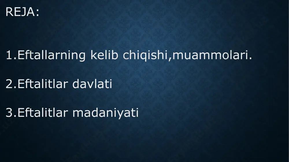 baxs-munozaralar juda ko’p. bu yo’nalishda hamfikrlar turli xil. shpext ularni shimoliy xitoyda v-asro’rtalarida paydo b’olgan deb beradi.(specht. etudes surl'asie centrale d'apres les historiens chinois. -"journal asiatique", ser.8, 1883, 349-bet) lekin bu fikrni shavvaninkor etgan (chavahhes e.-"сборник трудов орхонскойэкспедиции", т.iv, спб., 1903.).parker ularni “yueban”, ya’ni turk qabilasidan chiqqan debfikr bildirishadi (parker e. thousand years of the tartars.shanghai, 1895., 168-bet). bu fikrni nemis olimi hoffmanham (hoffmann h. quellen zur geshichte der tibetishenbon-religion. wiesbaden. 1950, 211-bet), s.p.tolstov ham („древний хорезм“ m.,1948) tasdiqlaydi. veselovskiy eftalitlarni “oriy” larga bog’lagan,(веселовский н.и. несколько новых соображений по поводу "пересмотра" вопроса о происхождении гуннов. - "журнал министерства народного просвещения" 1882., 100-bet) lekin nima uchun ularga bog’laganini tushuntirmagan. s.p.tolstov ularni sirdaryo bo’ylaridan kelib chiqqan deb aytadi (толстов с.п. по следам древнехорезмийской цивилизации. м.-л., 1948). rus olimasi pigulyovskaya ularni “oq xunn” deb ataydi va bu guruhga yana xioniylar va kidariylarni ham qo’shgan (пигулевская н.в. сирийские источники по истории народов ссср. м.-л., …
