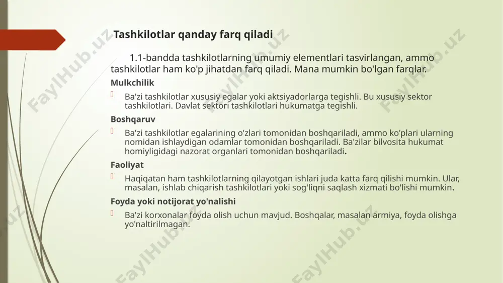 sabatlar menejerlar va aktsiyadorlar o'rtasidagi munosabatlardir. menejerlarning qarorlari korporatsiyani menejment mahoratining vositasi sifatida saqlashga qaratilgan bo'lsa, aktsiyadorlar o'zlarining dividendlar oqimini oshirish va aktsiyalarining qiymatini oshirish uchun tub o'zgarishlarni ko'rishni xohlaganlarida, munosabatlar muammoga duch kelishi mumkin. aksiyadorlar bu biznes menejerlar va xodimlarning manfaatlari uchun egalarining maqsadlarini hisobga olmagan holda boshqariladigan korporatsiya ekanligini his qilishlari mumkin. bunday holatda ziddiyat jiddiy bo'lishi mumkin kompaniyaning barqarorligiga zarar etkazuvchi. tashqi manfaatdor tomon himoyalash uchun qiziqishlar javob xavfi hukumat  ishlar  ta'lim  soliq soliq o'sishi tartibga solish huquqiy harakatlar qiziqish / bosim guruhlari  ifloslanish  huquqlar  boshqalar oshkoralik to'g'ridan-to'g'ri harakatlar sabotaj hukumatga bosim professional organlar  a'zolarning axloq qoidalari  axloqiy me'yorlarni joriy etish 3. biznesga ta'sir qiluvchi siyosiy, huquqiy va boshqa omillar. davlat siyosati iqtisodiy muhitga, qonunlar doirasiga, sanoat tuzilmasiga va ba'zi operatsion masalalarga ta'sir qiladi. siyosiy beqarorlik tavakkal sababidir. turli mamlakatlarda siyosiy muhitga turli xil yondashuvlar qo'llaniladi. xalqaro savdo xalqaro …
