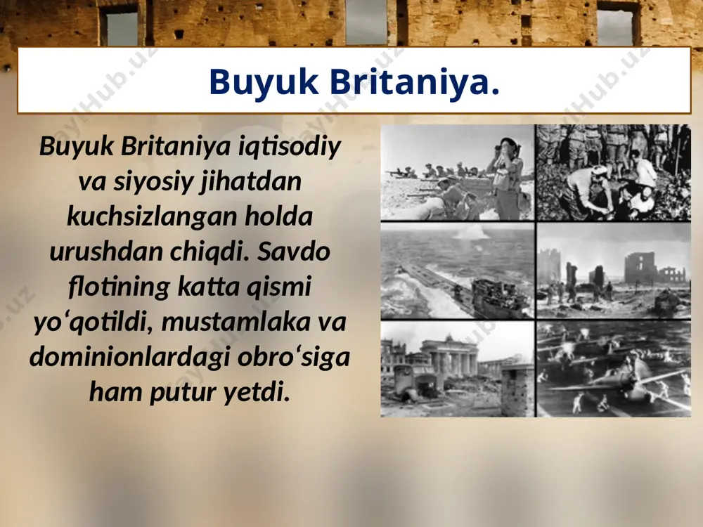 an konstitutsiyani ma’qulladilar. 1958-yil 21-dekabrda sh. de goll fransiya prezidenti qilib saylandi. sharl de goll. 1968-yil mayda parij talabalarining namoyishi boshlandi. prezident tashabbusi bilan o‘tkazilgan referendumda saylovchilarning ko‘pchiligi prezidentni qo‘llamadi. sh. de goll iste’foga chiqishga majbur bo‘ldi. 1970-yillarning oxirida fransiya iqtisodiyoti juda murakkab holatda edi. shundan so‘ng sotsialist fransua mitteran fransiya prezidenti etib saylandi. fransua mitteran tashqi siyosat. xalqaro munosabatlarda fransiya sh. de goll tomonidan belgilab berilgan tashqi siyosiy kursni davom ettirdi. fransiya yevropada xavfsizlik va hamkorlik bo‘yicha xelsinki kengashini o‘tkazishda katta rol o‘ynadi. xelsinki kengashi savol va topshiriqlar 1. ikkinchi jahon urushi buyuk britaniya uchun qanday natijalar bilan tugadi? 2. 1970-yillarda buyuk britaniya iqtisodiyotidagi pasayish nimalarda namoyon bo‘ldi? 3. buyuk britaniyada hukumatni konservatorlar boshqargan yillarda qanday ijtimoiy-iqtisodiy o‘zgarishlar yuz berdi? 4. fransiyaning urushdan keyingi ahvoli va rivojlanish yo‘nalishlari to‘g‘risida gapirib bering. 5. fransiyada to‘rtinchi respublikaning tarqalib ketishiga qanday holatlar sabab bo‘ldi? 6. fransiyada beshinchi respublikaning paydo bo‘lishi va mamlakat …