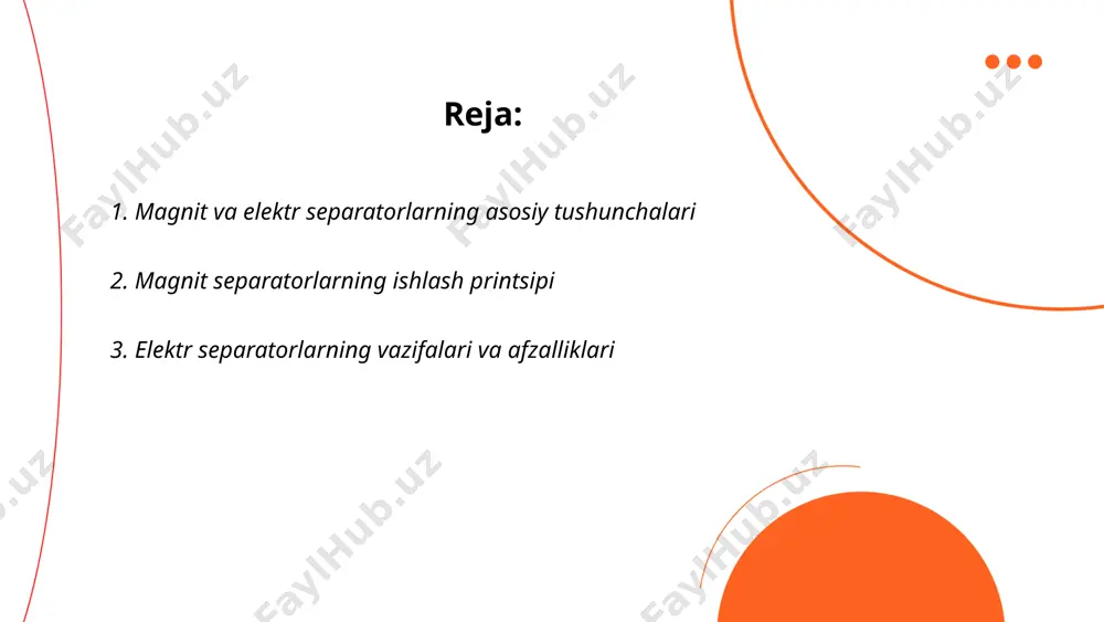 i komponentlarga ajratishdir. ular elektr zaryadi orqali materiallarni ayirishi mumkin. bundan tashqari, separatorlar samarador, vaqtni tejaydigan hamda ekologik xavfsiz usul hisoblanadi. ular quruq va ho'l materiallarni ajratishda ishlatiladi. elektromagnit separatorlar mis, alyuminiy va temir kabi metall aralashmalarni ajratishda qo'llaniladi. afzalliklari orasida yuqori ajratish samaradorligi, texnologik jarayonlarni soddalashtirish va energiya sarfini kamaytirish kiradi. shu bilan birga, ular ishonchliligi va xizmat muddati bilan ajralib turadi. elektr separatorlarning afzalligi, boshqa usullarga qaraganda kamroqligi va tashqi muhitga zarar yetkazmasligidir. ... t.me/slaydai_bot 4. separatorlarning sanoatdagi qo'llanilishi separatorlar sanoatda turli materiallarni samarali ravishda ajratish uchun keng qo'llaniladi. ular kimyo, oziq-ovqat, farmatsevtika va neft sanoatida muhim ahamiyatga ega. masalan, neft sanoatida separatorlar neft, suv va gazning aralashmasini ajratadi, bu esa mahsulotning sifatini oshiradi. oziq-ovqat sanoatida separatorlar sutdan qaymoqni ajratish yoki shurup va siroplarni tozalash kabi jarayonlarda ishlatiladi. kimyo sanoatida esa ular turli kimyoviy komponentlarni ajratish uchun foydalaniladi. zamonaviy separatorlar yuqori samaradorlikka ega bo'lib, materiallarni 99% aniqlik bilan …
