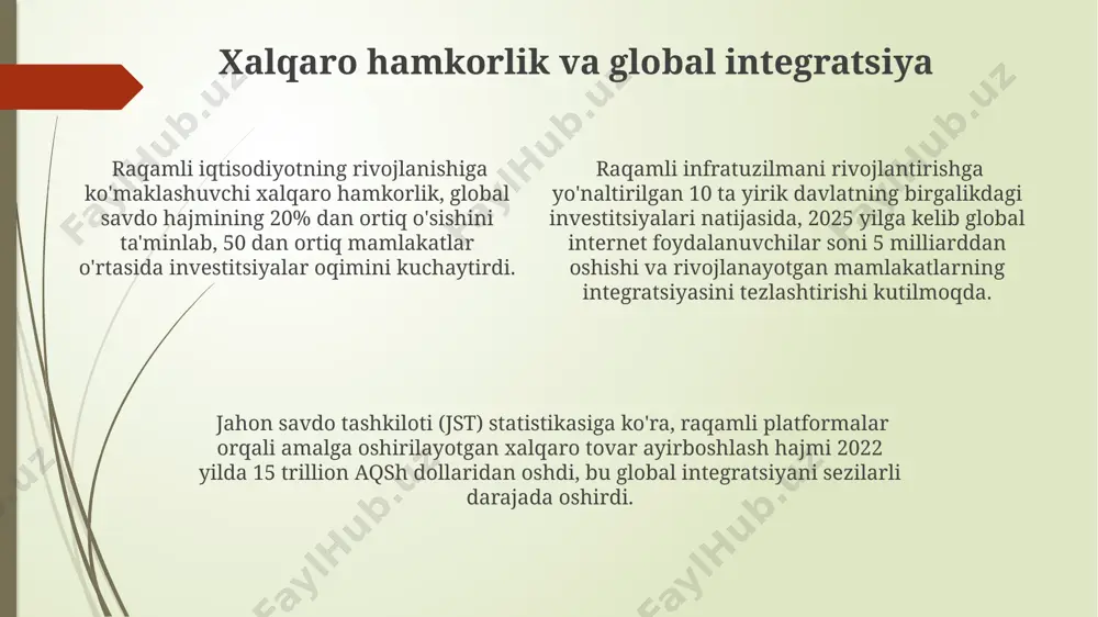 ar sohasidagi ish o'rinlariga kirishni qiyinlashtiradi. kichik va o'rta biznesning rivojlanishi raqamli iqtisodiyot kichik va o'rta biznes (kob)larning 30% gacha bo'lgan marketing xarajatlarini kamaytirishi va shu orqali daromadlarini 15% ga oshirishi mumkin. davlat tomonidan qo'llab-quvvatlanadigan onlayn biznes inkubatorlari va akseleratorlari 7000 dan ortiq koblarga raqamli savodxonlik va biznesni boshqarish bo'yicha treninglar o'tkazdi. elektron tijorat platformalaridan foydalanuvchi koblar soni o'tgan 5 yilda 2 barobar oshgan, bu esa yalpi ichki mahsulotga (yaim) sezilarli hissa qo'shmoqda. axborot-kommunikatsiya texnologiyalarining ta'siri elektron tijorat orqali amalga oshiriladigan tovar aylanmasi 2025 yilga borib 20% ga o'sishi va 15 million dan ortiq foydalanuvchini qamrab olishi kutilmoqda. axborot-kommunikatsiya texnologiyalari (akt) rivojlangan mamlakatlarda yaimning 7% dan ortiq o'sishini ta'minlaydi, bu esa iqtisodiyotning raqobatbardoshligini oshiradi. kichik va o'rta biznes sub'ektlari (kob) aktdan foydalanib, global bozorga kirish imkoniyatini 30% ga oshirishi mumkin, bu esa eksport hajmini ko'paytiradi. raqamli iqtisodiyotning iqtisodiy rivojlanishdagi roli raqamli iqtisodiyot yalpi ichki mahsulotning (yaim) 20-30% ga o'sishini ta'minlab, …