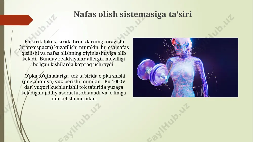 n, bu esa buyrak perfuziyasini pasaytiradi va organning ishemik shikastlanishiga olib keladi. elektr toki ta'sirida buyrak tubulalari shikastlanishi mumkin, bu esa glomerulyar filtratsiya tezligini 20-30% ga kamaytiradi va buyrak yetishmovchiligiga olib kelishi mumkin. to'qimalarga ta'siri elektr toki ta'sirida to'qimalarda 1 ma dan yuqori oqim kuchlanishi mushaklarning qisqarishiga, 10 ma dan yuqori esa nafas olishning buzilishiga olib kelishi mumkin. to'qimaga ta'sir darajasi oqimning kuchlanishi, chastotasi, davomiyligi va oqimning o'tishi yo'liga bog'liq bo'lib, 100 ma dan yuqori oqim yurak faoliyatini to'xtatishi mumkin. endokrin sistemasiga ta'siri elektr toki ta'sirida gipofiz bezining kortikotropin (acth) va adrenokortikotrop gormonlar sekretsiyasi 2-3 baravar ortadi, bu stress reaksiyasini kuchaytiradi. yuqori kuchlanishli elektr toki qalqonsimon bez faoliyatini buzadi, tiroksin (t4) va triyodtironin (t3) gormonlari ishlab chiqarilishini pasaytiradi, bu metabolizm buzilishlariga olib keladi. e'tiboringiz uchun rahmat @taqdimot_robot image1.jpg image2.jpg image3.jpg image4.jpg image5.jpg image6.jpg image7.jpg image8.jpg image9.jpg image10.jpg image11.jpg image12.jpg image13.jpg image14.jpg image15.jpg image16.jpg image17.jpg