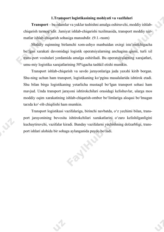 turi ekspeditor №2 yuk oluvchi ekspeditor №2 yuk oluvchi rasm. bir necha transport turlari ishtirokida tashishning ana’naviy tashkil etilishi. rasmdan ko‘rinib turibdiki butun oddiy oqimni boshqarishning yagona funksiyasi mavjud emas. axborot va moliya mablag‘larining xarakati jarayonida bo‘g‘inlarning o‘zaro ke-lishuvi darajasi past, chunki ularning xarajatlarini hech kim boshqarmaydi. rasmda tasvirlangan aralash tashishni tashkil etish butunlay boshqacha xususiyatga ega. tranportda logistikaning qo‘llanilishi, ishlab-chiqarish yoki savdodagi kabi raqobat-chilarni transport jarayonida bir-birini o‘zaro to‘ldiruvchi hamkorlarga aylantiradi. logistika, aytib o‘tilganiday, bu yagona texnika, texnologiya, iqtisod va rejalashti-rishdir. bunga muvofiq transport logistikasi vazifalariga transport jarayoni ishtirok-chilarining texnik va texnologik ta’minotini, ularning iqtisodiy manfaatlari o‘zaro mos kelishini, hamda rejalashtirishning yagona tizimlarini ishlatishni kiritish lozim. bu va-zifalarning har biriga qisqacha tavsif berib o‘tamiz. butun yagona tashish jarayonining moddiy oqimini loyihalash va chiqib ketishda beril-gan parametrlarga erishish imkoniyatlarini yaratadi. aralash tashishlarni tashkil etishga an’anaviy va logistik yondashuvlarning taqqosla-ma tavsifi 9.1.-jadvalda keltirilgan. transport majmuidagi o‘zaro bog‘langan transport turlarining ayrimlari ichida …