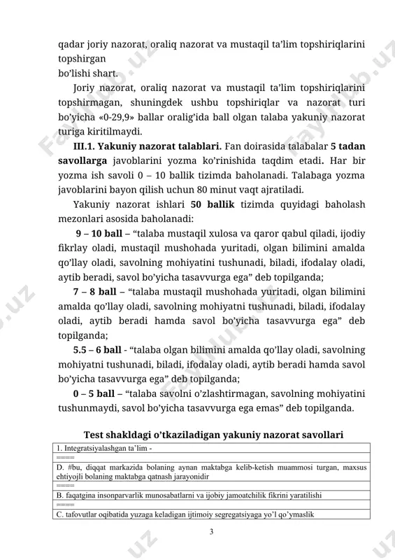 ish jarayonida o’zlarining turli ehtiyojlarga ega individum ekanliklarini anglaydilar ++++ 2. jismoniy integratsiya ==== a. #integratsiyaning bu shakli nogiron na nogiron bo’lmagan bolalar o’rtasidagi jismoniy farqni kamaytirishga qaratilgan ==== b. maxsus yordamga muxtoj bolalarning rivojlanish diagnostikasi, tashxisini amalga oshirish zarur shart-sharoitlarni yaratish ==== c. maxsus yordamga muxtoj bolalarning ta’lim-tarbiyasi uchun zarur shart-sharoitlarni yaratish tashxisini amalga oshirish ==== d. maxsus yordamga muxtoj bolalar maxsus muassasalariga aralash bolaning ta’lim-tarbiyasi uchun shart-sharoitlarni yaratish ++++ 3. imkoniyati cheklangan bolalarni umumta’lim muassasalarida o’qitish va ular uchun qulay sharoitlar yaratish masalasi qaysi qonunlarda qayd etilgan. ==== a. #o’zbekiston respublikasi konstitutsiyasi va «bola huquqlarini kafolati to’g’risida»gi qonunning 29-moddasida ==== b. o’zbekiston respublikasi ta’lim to’g’risidagi qonunda ==== c. ta’lim to;g;risidagi qonunda ==== d. imkoniyatlari cheklangan bolalar uchun asosiy ta’lim» loyihasini amalga oshirish bo’yicha hisobotida ++++ 4. o’zbekiston respublikasi ta’lim to’g’risidagi qonunning qaysi moddasi maxsus yordamga muxtoj nuqsoni bolalarga ajratilgan. a. #23 modda b. 40 modda c. 68 modda …
