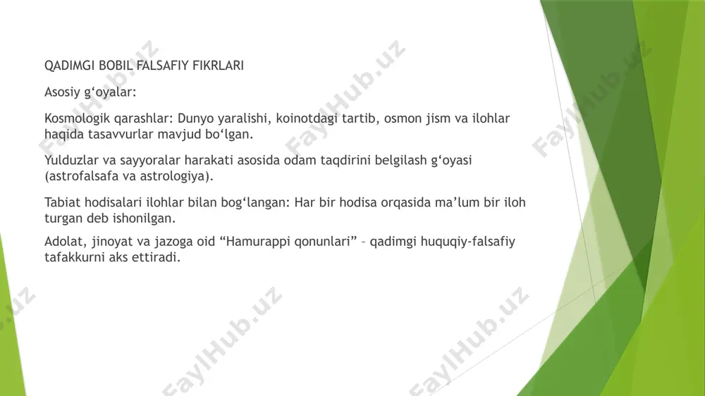 at. rahbar: aql-idrokli, axloqli, ilm-fanli bo‘lishi kerak. > u farobiy ta’limotini davom ettirib, “fozil shahar” g‘oyasini rivojlantirgan. ibn sinoning asarlari: “kitob ush-shifo” – falsafa, mantiq, fizika, metafizika “donishnoma” (al-hikmat al-mashriqiya) “najot kitobi” “ishorat va tanbihot” xulosa: falsafa inson tafakkurining mahsuli bo‘lib, qadimdan buyon borliq, inson, aql va axloq haqida chuqur o‘y yuritishni o‘rgatadi. dastlabki falsafiy qarashlar sharq mamlakatlarida (misr, bobil) diniy tushunchalar bilan uyg‘un holda shakllangan. yunon faylasuflari esa uni ilmiy asosga qo‘yib, tizimli fikr yuritishni boshlab bergan. o‘rta asrlarda sharq va g‘arbda falsafa din bilan uyg‘un holda rivojlandi. farobiy va ibn sino falsafani ilm, axloq va jamiyat bilan bog‘lab, insonning aql va ma’naviyat orqali kamol topishini asoslab berdilar. falsafa har bir davrda haqiqatni izlash, fikrlash va tushunishga xizmat qilib kelmoqda. e’tiboringiz uchun rahmat! /docprops/thumbnail.jpeg