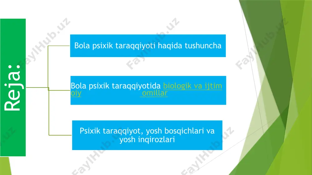 laning rivojlanishidagi ayrim davrlarda psixikaning u yoki bu yo’nalishlarda rivojlanish uchun nihoyatda qulay sharoitlar paydo bo’ladi. psixikaning integratsiyasi qonuni. inson psixikasi o’z taraqqiyoti davomida tobora ko’proq yaxslitlik, birlik, mustahkamlik va doimiylik xususiyatlarini kasb eta boradi. n.d.levitovning ko’rsatishicha, kichkina bola psixik jihatdan turli fragmentar psixik holatning kichik bir sitemaga uyishtirilganidan iboratdir. psixik rivojlanish psixik holatning asta sekin o’sib, shaxs xislatlariga aylanishini anglatadi. plastiklik va kompensatsiya imkoniyati. i.p.pavlov faqatgina tegishli ta’sir ko’rsatilsa, hamma narsani yaxshi tomonga o’zgartirish mumkinligini ta’kidlab, nerv plastikligini ko’rsatib o’tgan. ta’lim tarbiya sharoitida bolaning psixikasini maqsadga muofiq o’zgartirish imkoniyati nerv sistemasining anashu plastikligiga asoslanadi. plastiklik kompensatsiya uchun ham yo’l ochib beradi. xx asrga kelib yosh psixologiyasi va pedagogik psixologiyda psixik taraqqiyot omillarni talqin etuvchi 2 ta yo’nalish yuzaga keldi. bular : biogenetik sosiogenetik biogenetik qonun insonning biologik yetilishi bosh omil sifatida talqin etiladi. antidarvinchilarga qarshi kurashda muayyan darajada tarixiy ro’l o’ynaydi. ontogenez filogenezda qisqacha takrorlanadi sosiogenetik nazariya inson biologik …