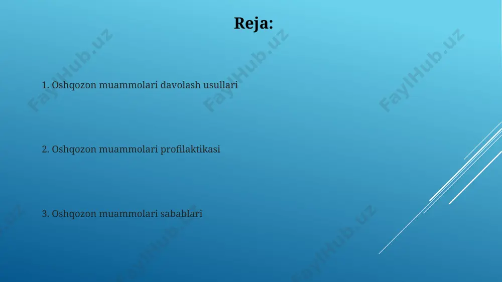 asini kamaytirishda samarali hisoblanadi va yara bitishini tezlashtiradi, bu davolash muddati odatda 4-8 hafta davom etadi. tashxis qo'yish usullari qon tahlillari, jumladan, umumiy qon tahlili va biokimyoviy tahlil, anemiya, infektsiyalar yoki boshqa metabolik buzilishlar kabi yashirin muammolarni aniqlashda yordam beradi. oshqozonning rentgenologik tekshiruvi (kontrastli rentgenografiya) oshqozonning shakli va o'lchamlarini, shuningdek, uning motor funksiyasini baholash, yoriqlar yoki divertikullar kabi strukturaviy anormalliklarni aniqlash imkonini beradi. mutaxassis bilan maslahatlashish mutaxassis, sizning holatingiz uchun eng samarali davolash rejasi – dori-darmonlar, dieta yoki jarrohlik aralashuvi –ni aniqlashda 95% aniqlik bilan yordam beradi. mutaxassis bilan maslahatlashish sizga oshqozon muammolaringizning aniq sababini aniqlashga, masalan, gastrit yoki o'n ikki barmoqli ichak yarasi kabi, 80% hollarda yordam beradi. davolash usullari funksional dispepsiyani davolashda psixoterapiya, stressni boshqarish texnikalari va turmush tarzini oʻzgartirish (dieta, jismoniy mashqlar) kabi yondashuvlar samarali boʻlishi mumkin, bu holatlarning 30% gacha bemorlarda kuzatiladi. oshqozon yarasi 7-10 kun ichida helicobacter pylori infektsiyasini aniqlash va davolashni oʻz ichiga olgan …
