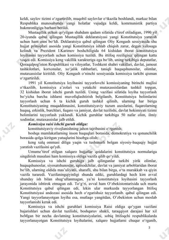 ncha, turmush tarzining nihoyatda yomonlashuviga olib kelgan holatlar tarixda uchraydi. shuning uchun, albatta, mustaqillikni oliy ne’mat, buyuk hodisa deyish, uni e’lon qilish oson kechdi, deyish mumkin, lekin mustaqillikni saqlash, undan faqat ijobiy foydalanish juda mushkul va mas’uliyatli ishdir. mustaqillikka erishgandan keyin juda ko‘p masalalarni endi hech kimning yordamisiz hal qilishga to‘g‘ri kelar edi. birinchi navbatda, fuqarolarning tinchligini, ularning munosib hayot kechirishini ta’minlash, buning uchun mamlakat xavfsizligini ta’minlash zarurati vujudga keldi. mustaqillikdan so‘ng qaysi yo‘l bilan borishni aniqlab olish zarur bo‘ldi, bu keyingi ishlarni to‘g‘ri hal qilishga asos bo‘lardi. shuning uchun. o‘zbekistonrahbariyati atrofda, xalqaro maydonda bo‘layotgan voqealardan kelib chiqib, xalq xohish-irodasiga tayanib, mamlakatni demokratik yoldan rivojlantirish, demokratik mamlakatlarda e’tirof etilgan prinsiplarni qo'llash maqsadga muvofiqligini, demokratik davlat qurish yolini tanladi. buning uchun demokratik talablarga va prinsiplarga javob beradigan davlat hokimiyatini yo‘lga qo‘yish; bozor munosabatlariga asoslangan iqtisodni tashkil etish; fuqarolar manfaatiga mos keluvchi fuqaro, jamiyat, davlat munosabatini 0‘rnatish, unda fuqaro manfaatlarining ustunligini ta’minlash, …